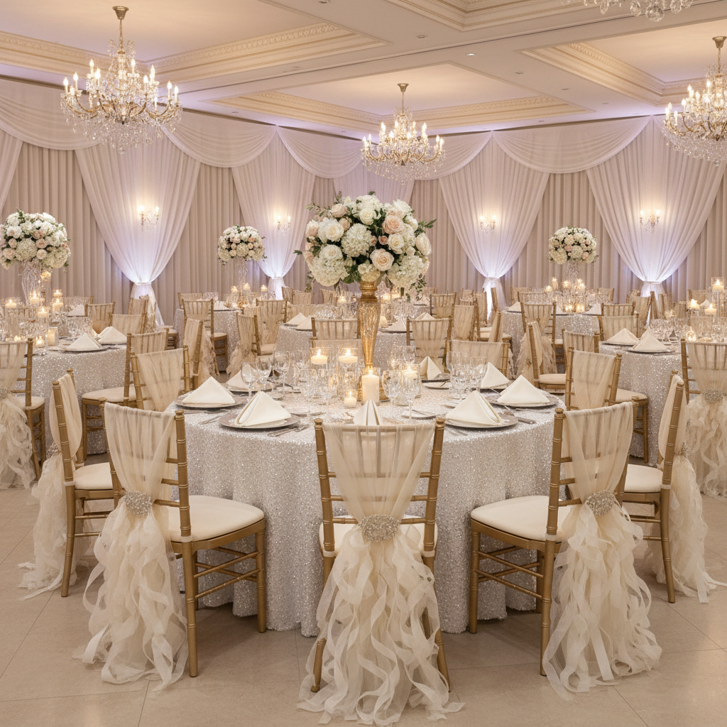 Satin Napkin 20"x20" - Ivory with Chiavari Gold Chairs.