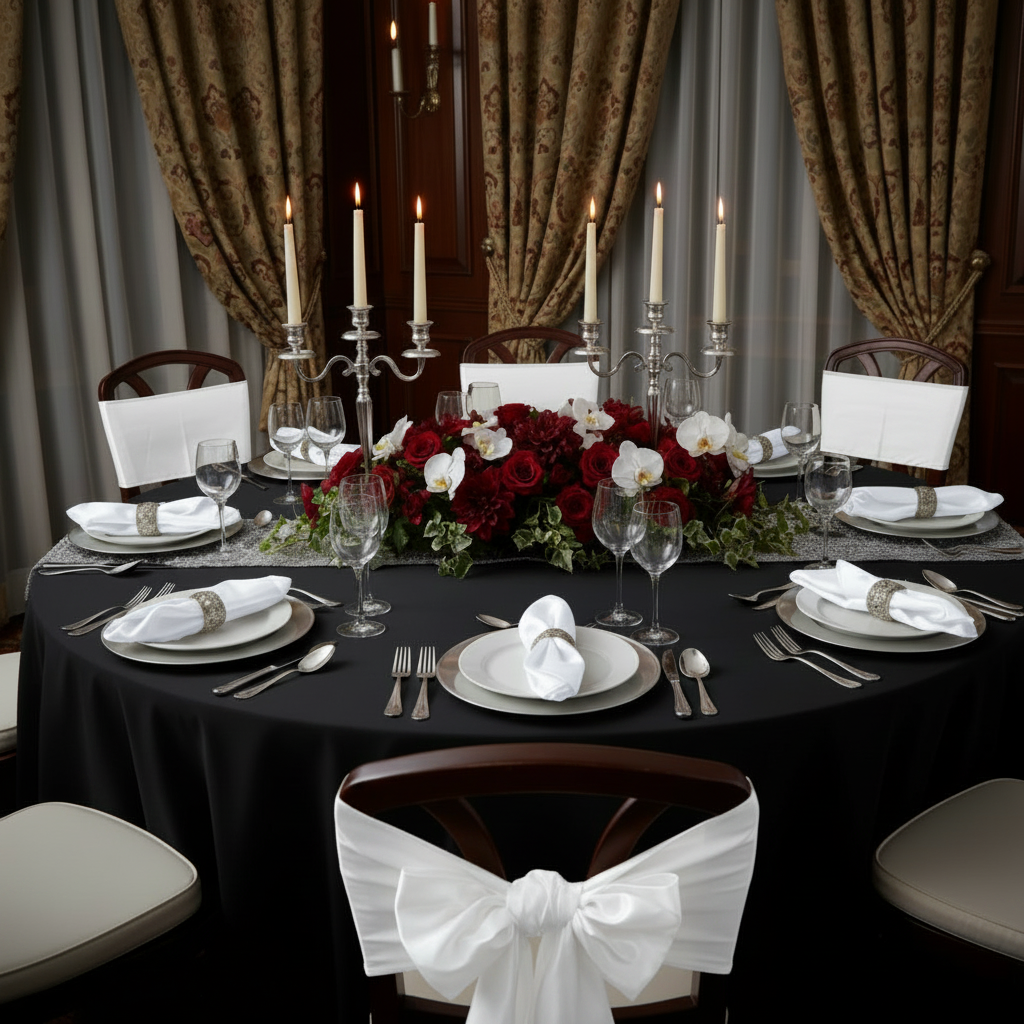 Satin Napkin 20"x20" White on top of white dinner plates with red roses floral centerpiece