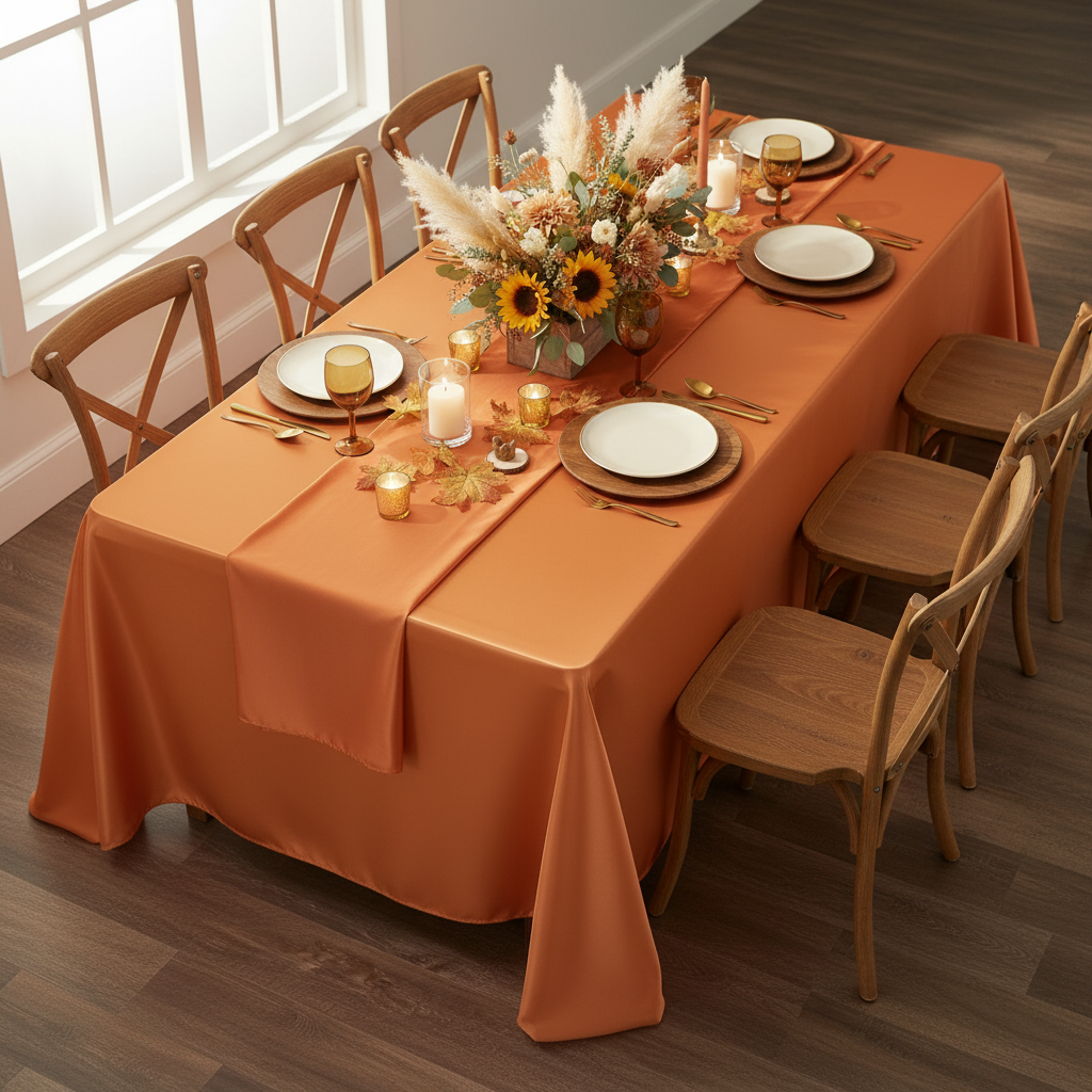 Satin Rectangular 90"x132" Tablecloth - Burnt Orange.