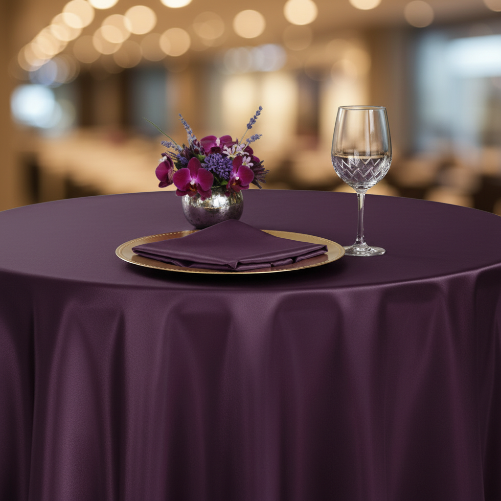 Satin Round Tablecloth Eggplant/Plum close up