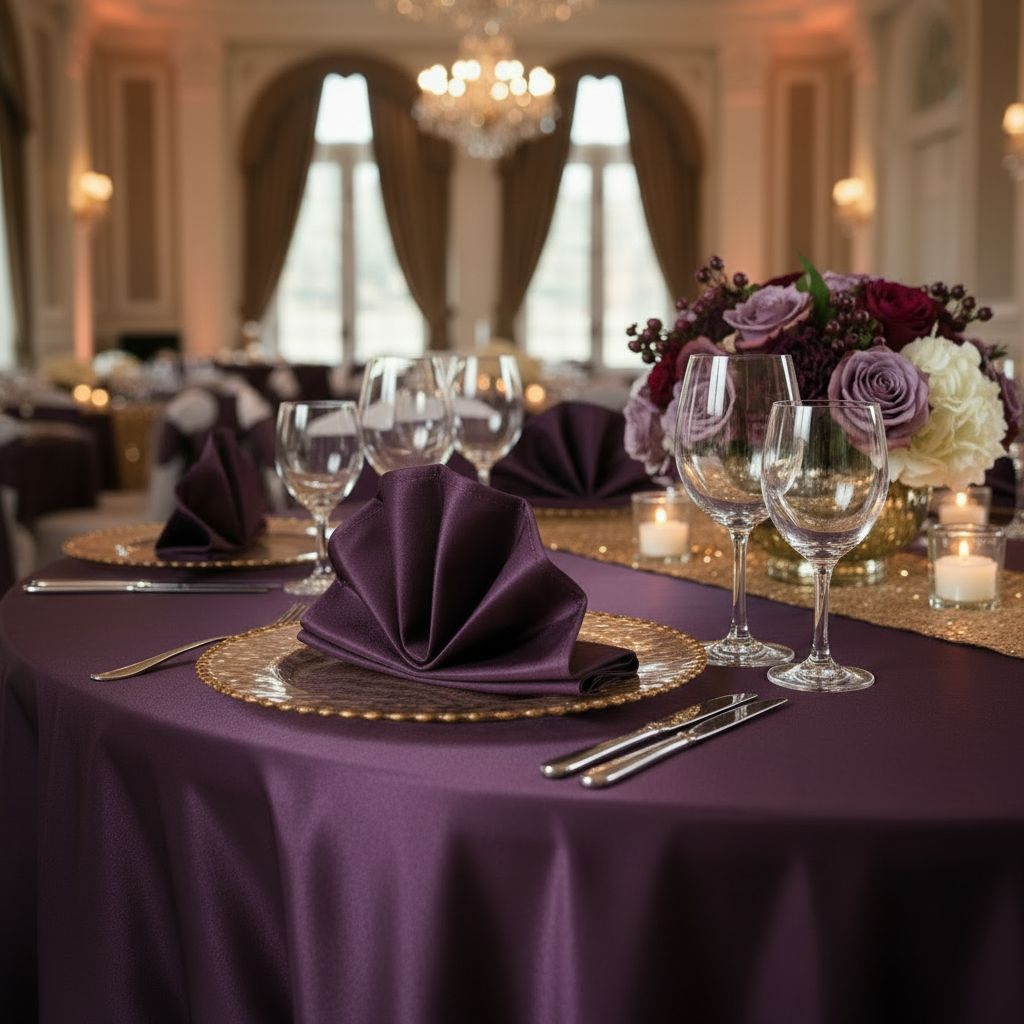 Satin Round Tablecloth Eggplant/Plum close up with polyester eggplant/plum napkin