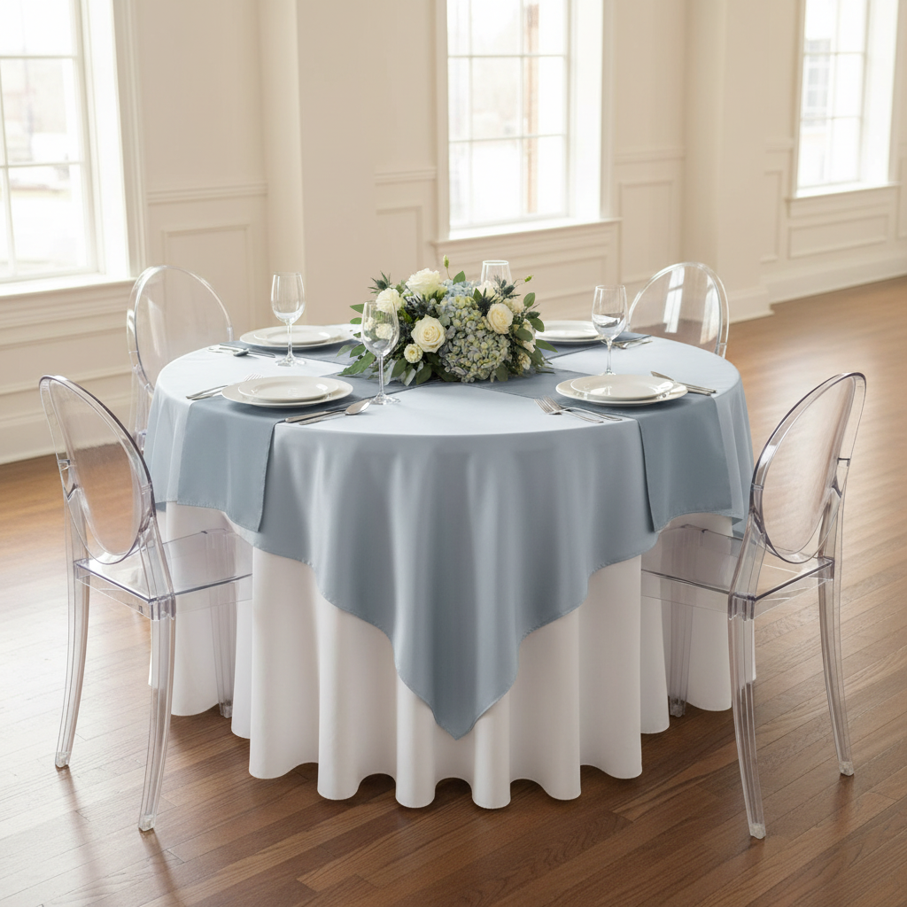 Satin Square 72"x72" Table Overlay - Dusty Blue.