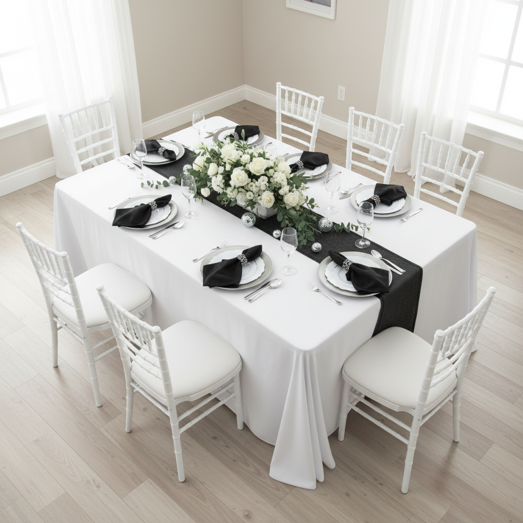 Scuba 90"x132" Rectangular Oblong Tablecloth - White with Chiavari White Chairs.