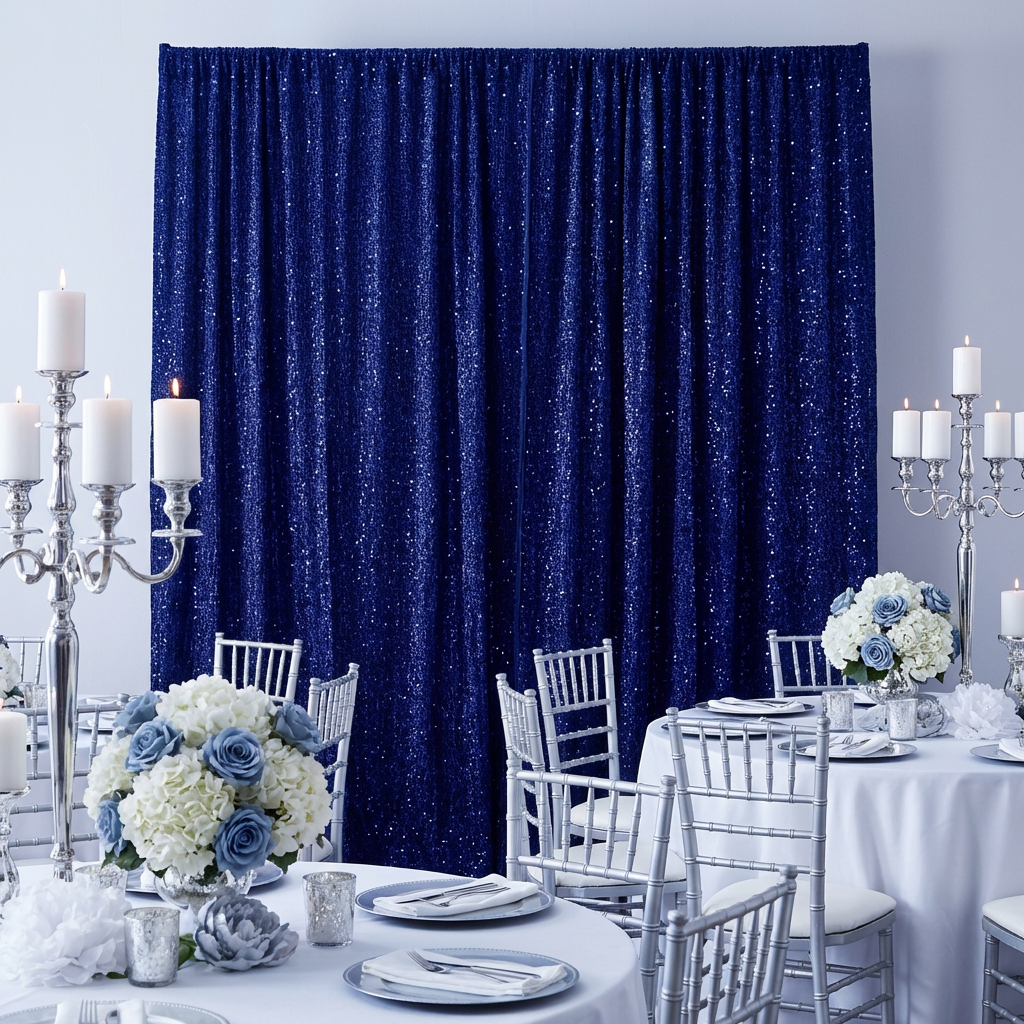 Sequin Velvet 10ft H x 52" W Drape/Backdrop Curtain Panel - Navy Blue - CV Linens