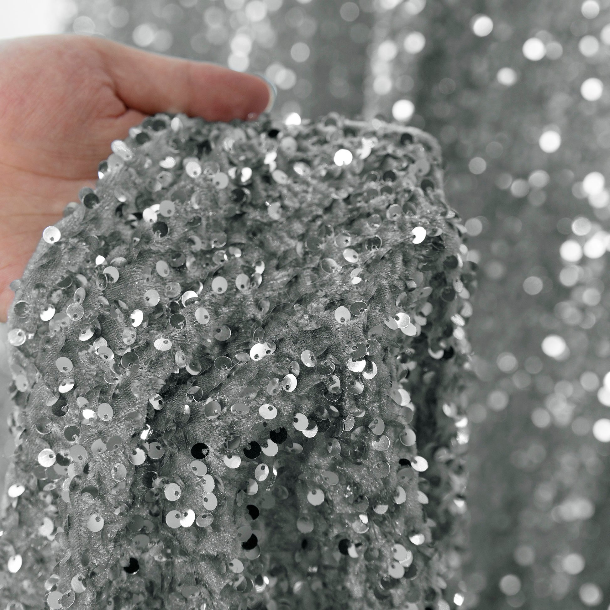 Sequin Velvet 10ft H x 52" W Drape/Backdrop Curtain Panel Silver Close Up with Finished Edge