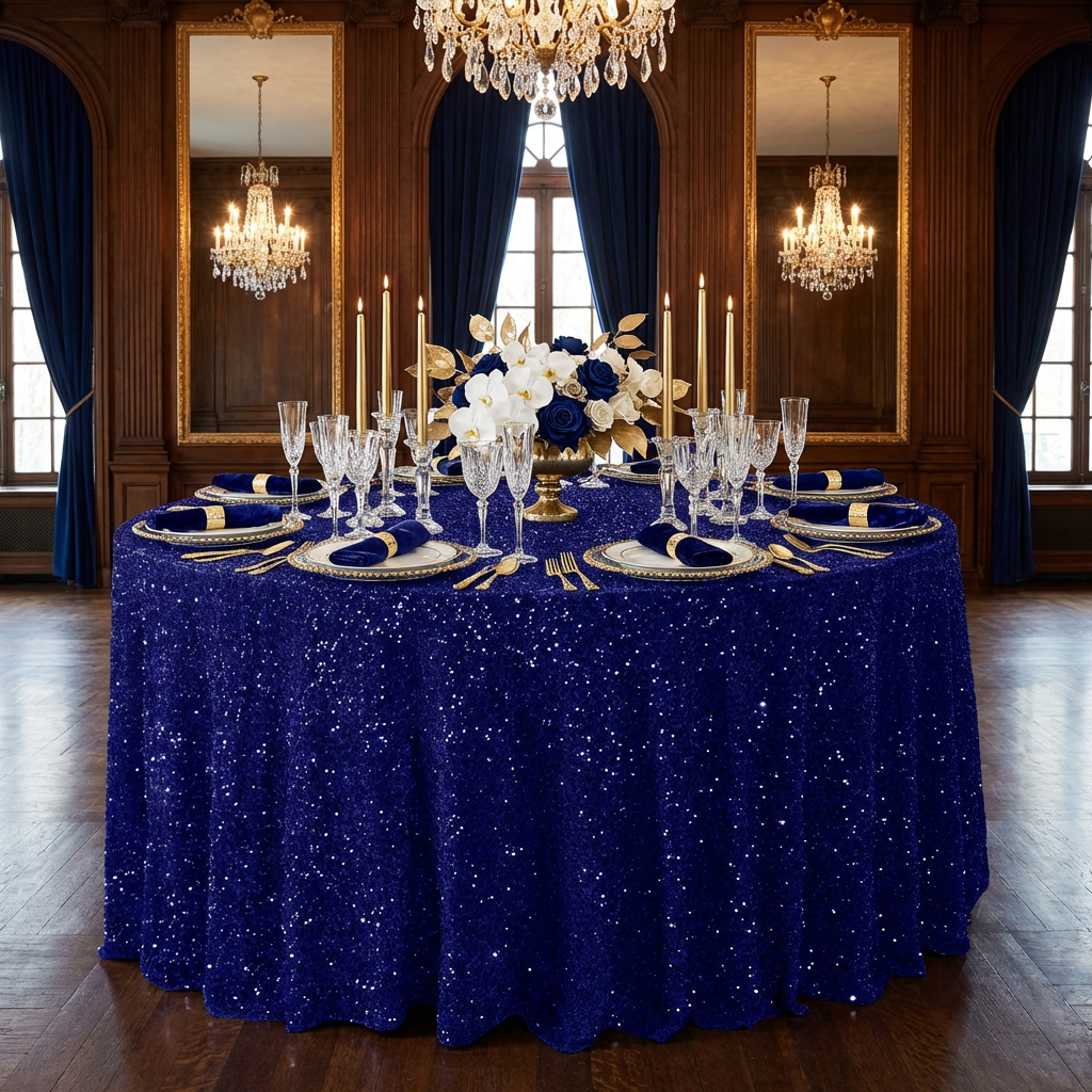 Sequin Velvet 120" Round Tablecloth - Navy Blue - CV Linens