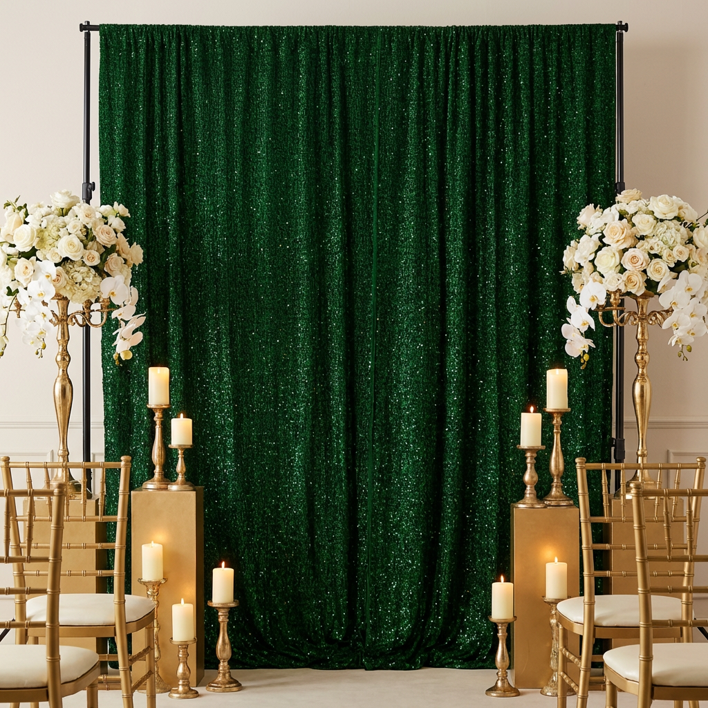 Sequin Velvet 12ft H x 52" W Drape/Backdrop Curtain Panel - Emerald Green - CV Linens