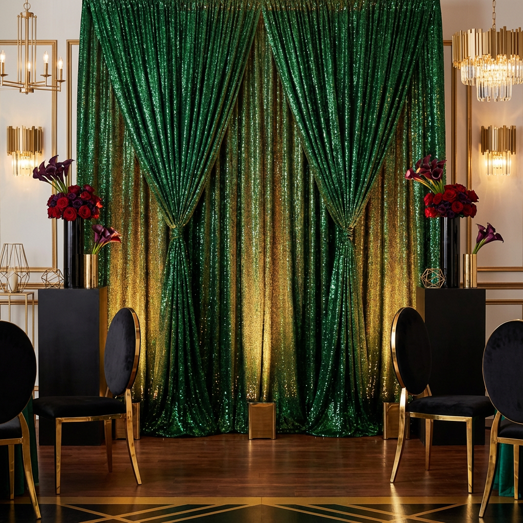 Sequin Velvet 12ft H x 52" W Drape/Backdrop Curtain Panel - Emerald Green - CV Linens