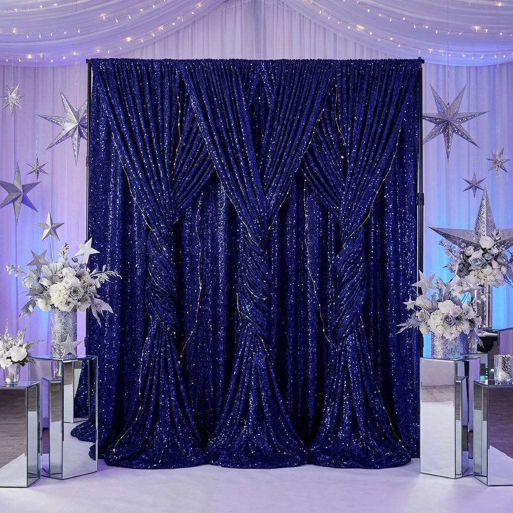 Sequin Velvet 12ft H x 52" W Drape/Backdrop Curtain Panel - Navy Blue - CV Linens