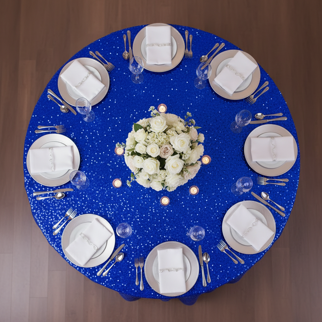 Sequin Velvet 132" Round Tablecloth - Royal Blue Top View Lifestyle