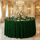 Sequin Velvet Round Tablecloth Emerald Green with gold accents and white floral centerpiece
