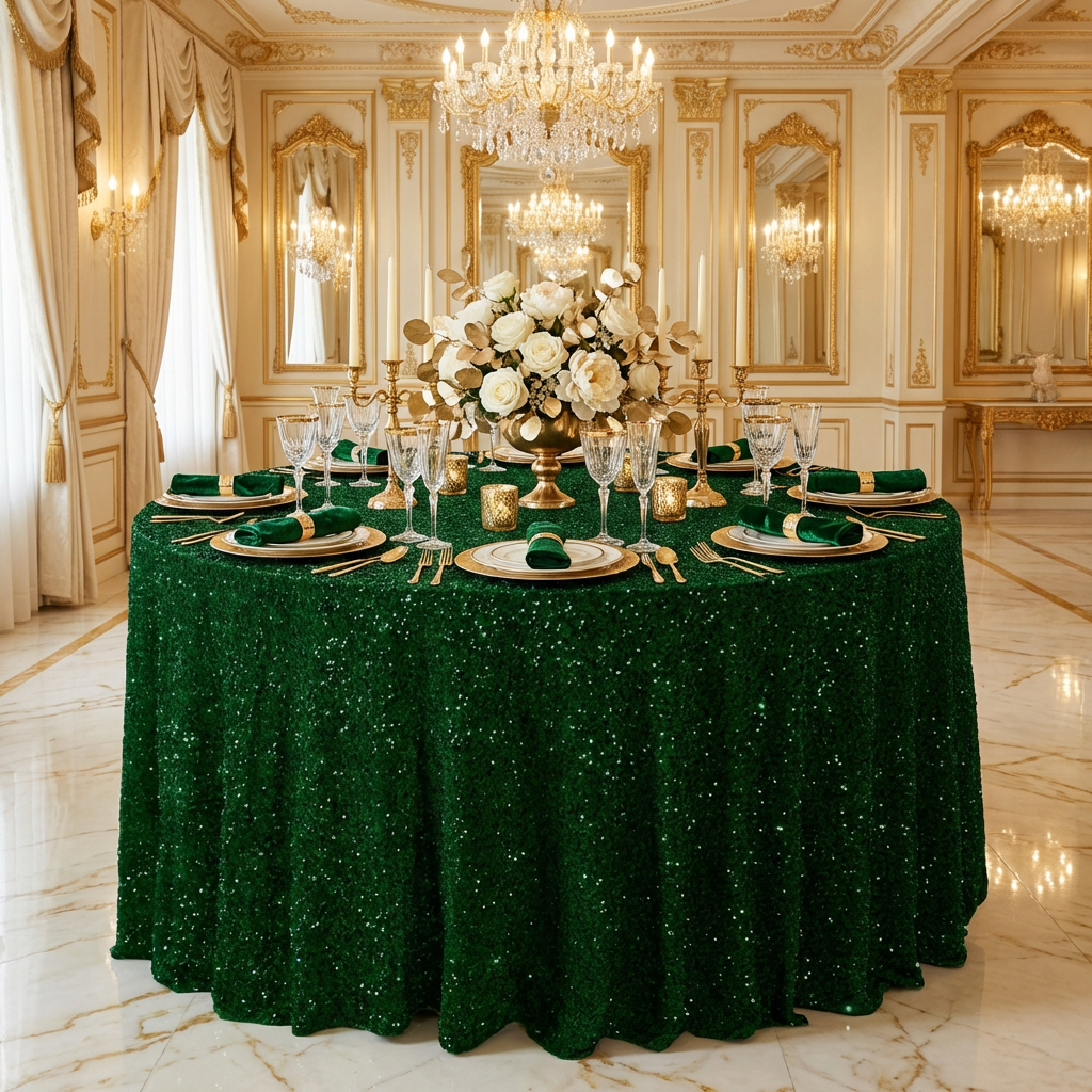 Sequin Velvet Round Tablecloth Emerald Green with gold accents and white floral centerpiece