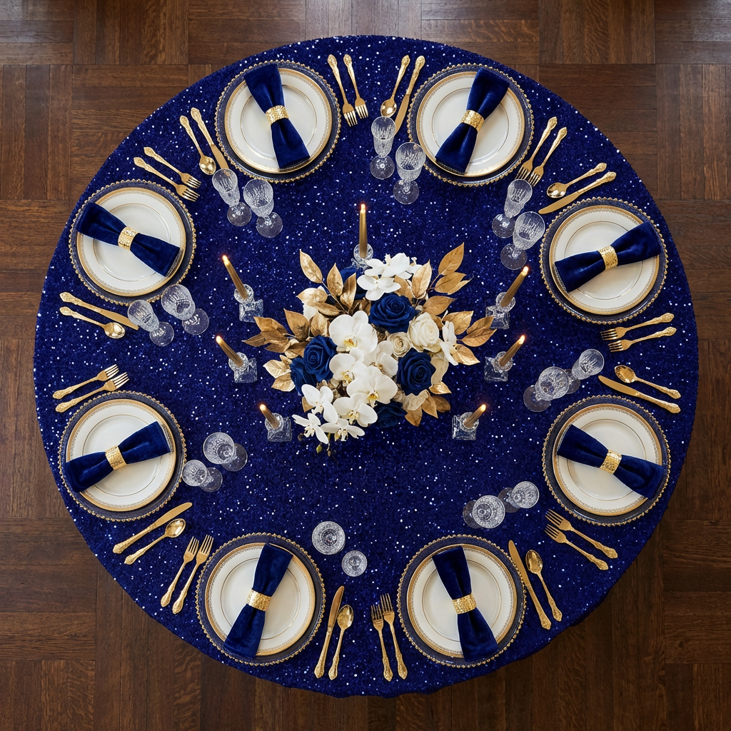 Sequin Velvet 132" Round Tablecloth - Navy Blue - CV Linens