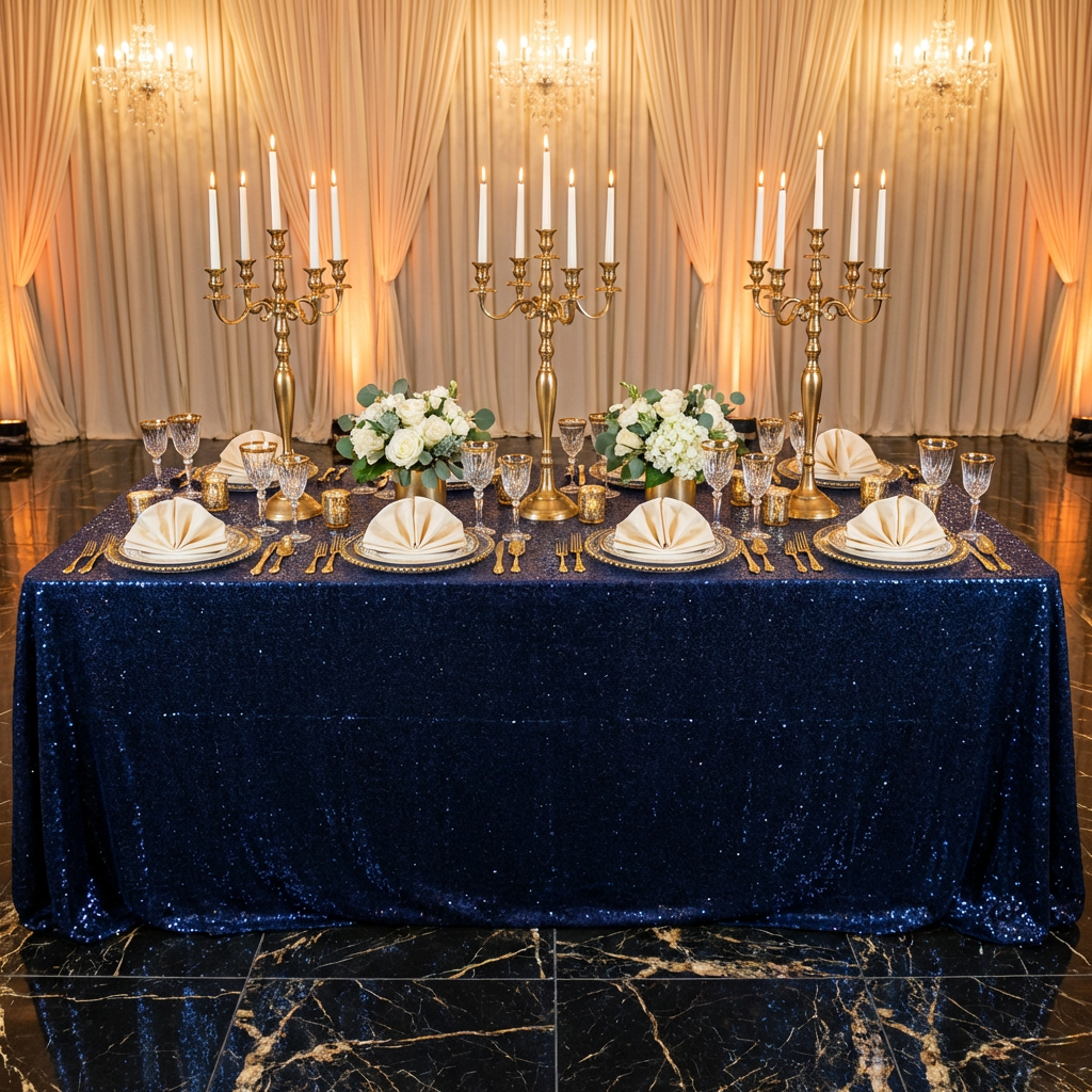 Sequin Velvet 90"x156" Rectangular Tablecloth - Navy Blue - CV Linens