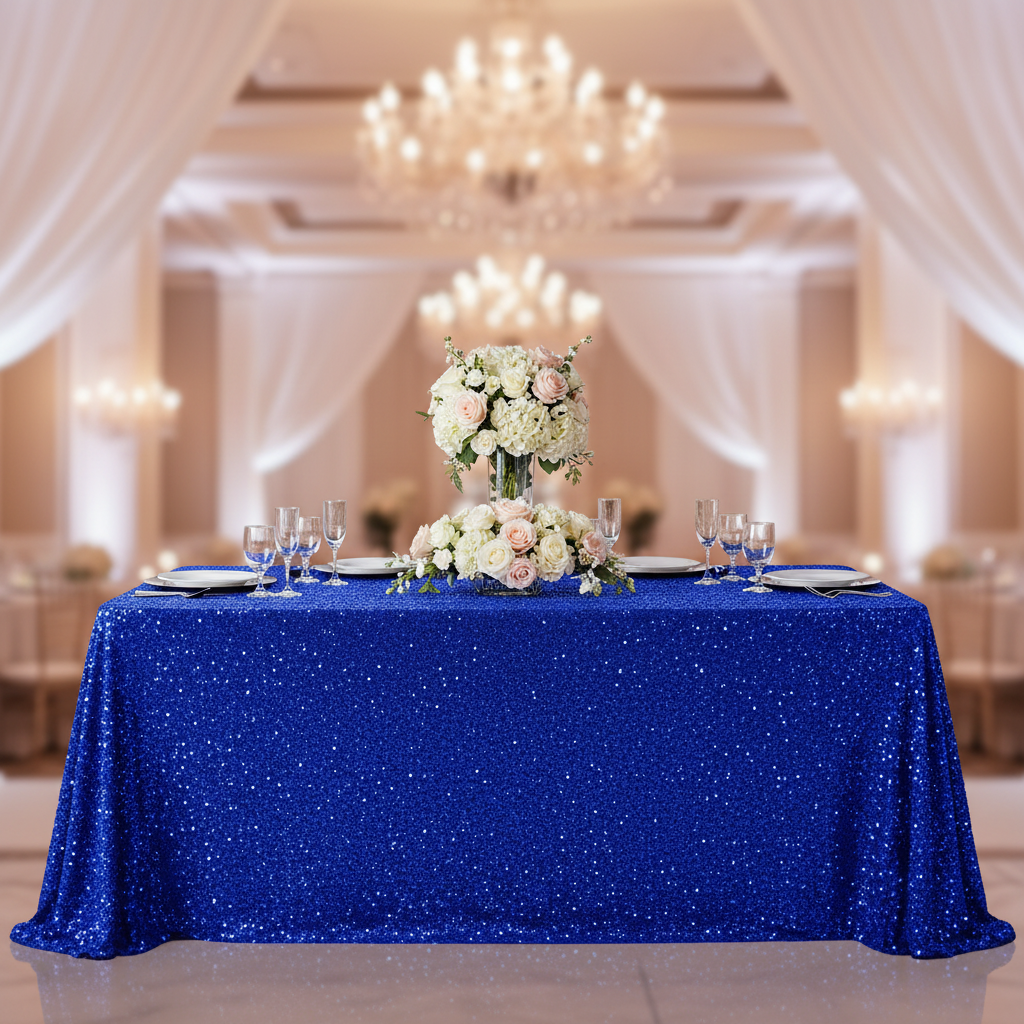 Sequin Velvet 90"x132" Rectangular Tablecloth - Royal Blue Front View