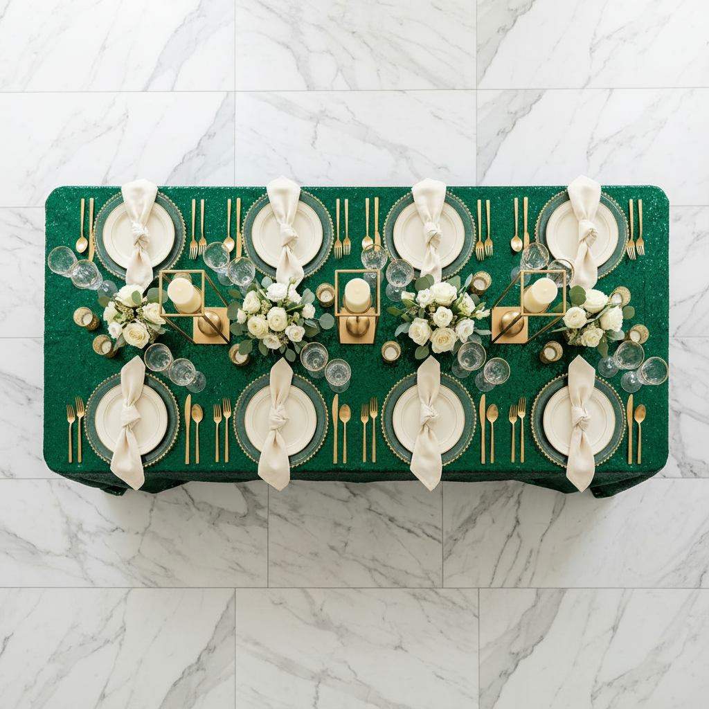 Sequin Velvet Rectangular Tablecloth Emerald Green birds eye view