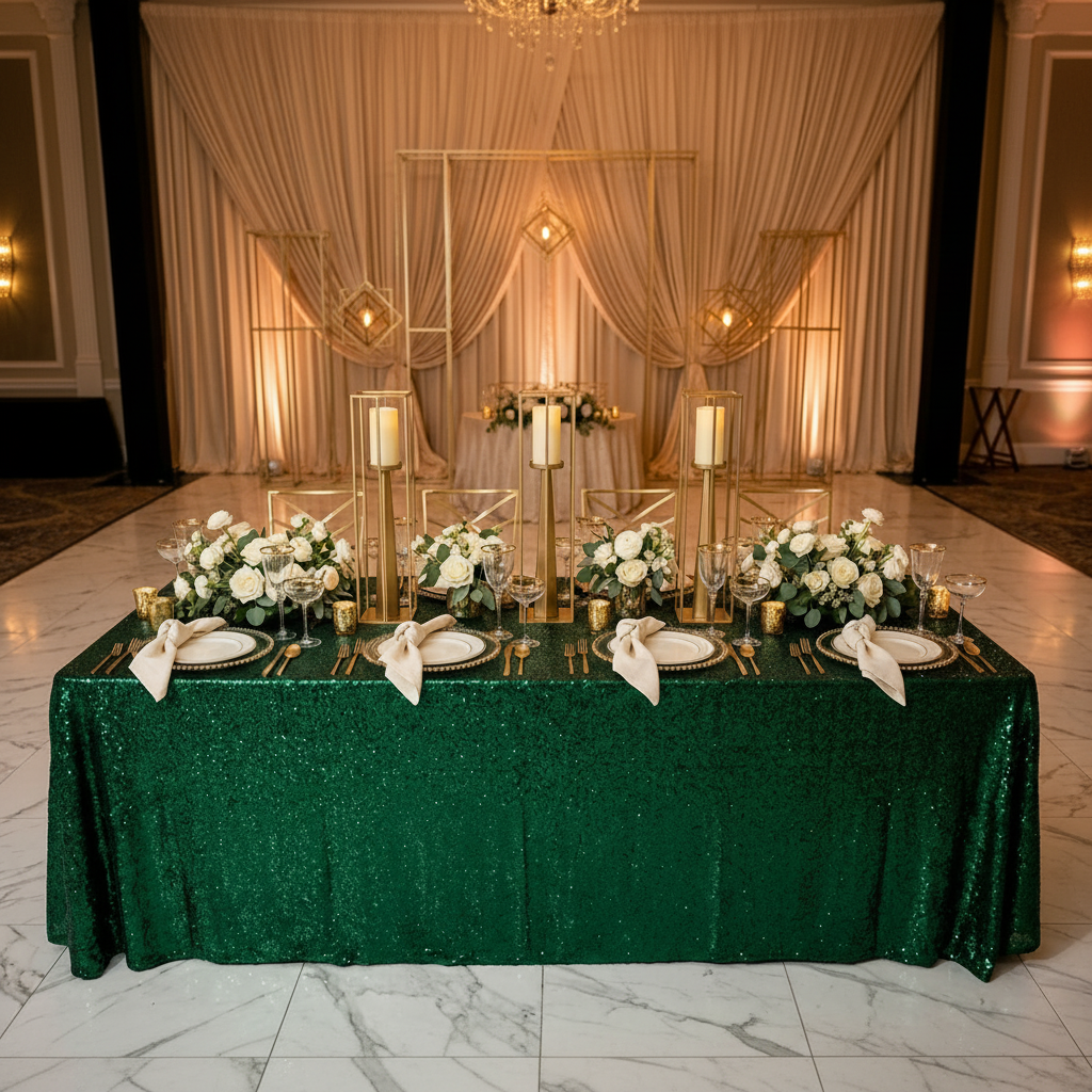 Sequin Velvet Rectangular Tablecloth Emerald Green - lifestyle wedding reception
