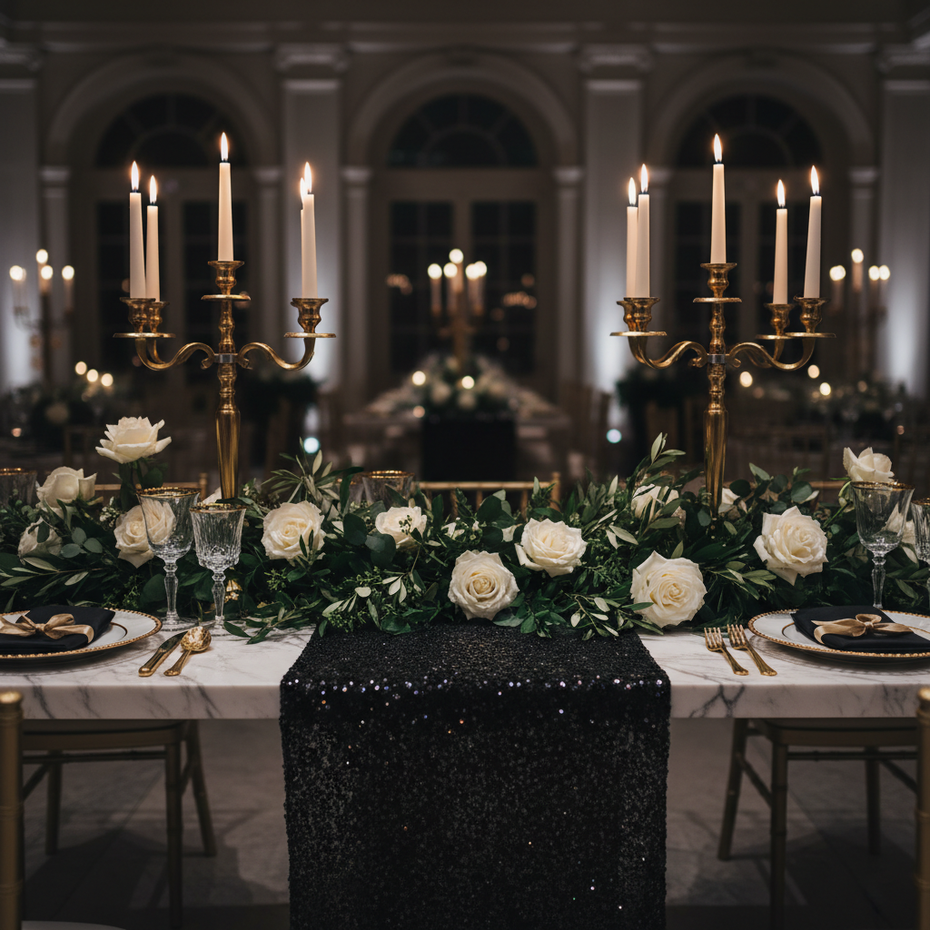 Sequin Velvet Table Runner Black - Wedding Reception