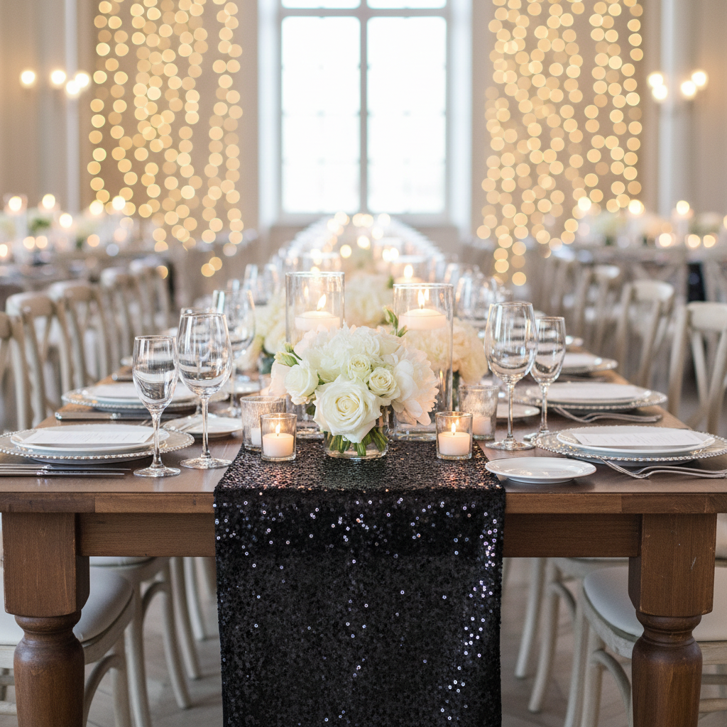 Sequin Velvet Table Runner Black - Wedding