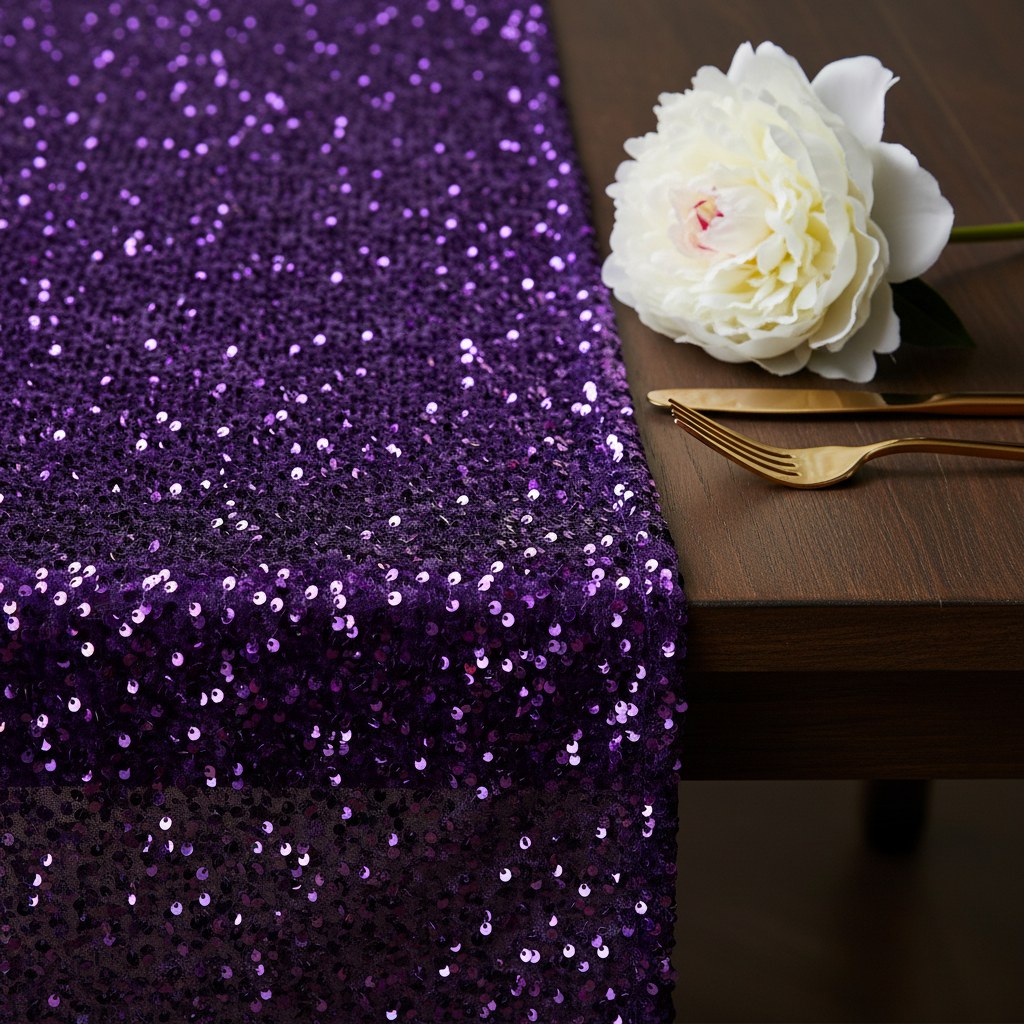 Sequin Velvet Table Runner Purple close up