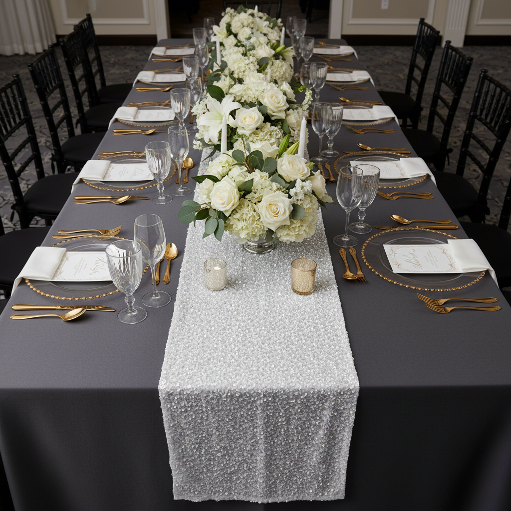 Sequin Velvet Table Runner White - Bird's Eye View