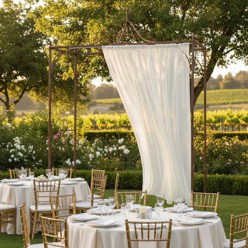 Sheer Voile Flame Retardant (FR) 10ft H x 118" W Drape/Backdrop Curtain Panel - Ivory in Outdoor Reception.