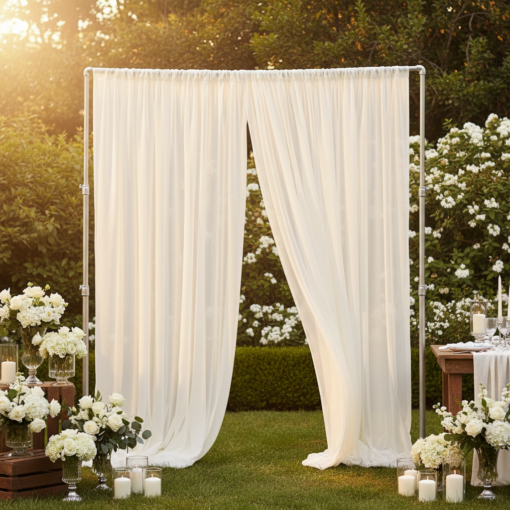 Sheer Voile Flame Retardant (FR) 14ft H x 118" W Drape/Backdrop Curtain Panel - Ivory in Garden Reception.