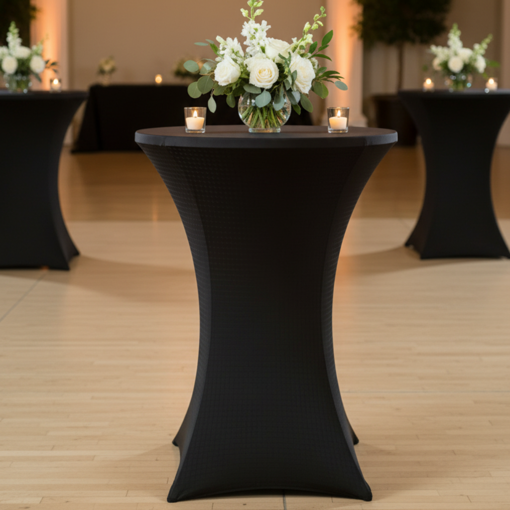 Side View - Black Spandex Cocktail Cover in Event Setting