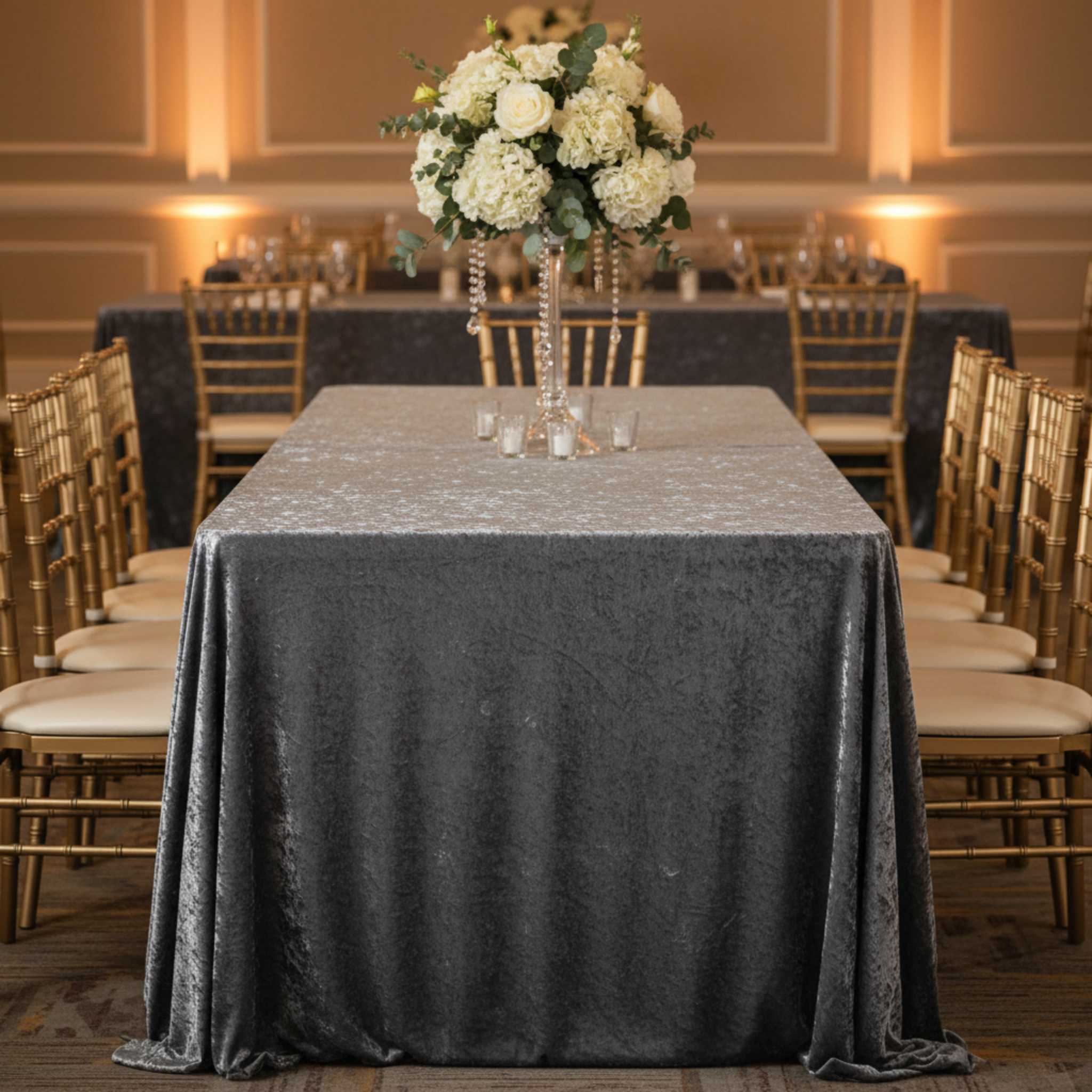 Side View - Charcoal Crushed Velvet Tablecloth