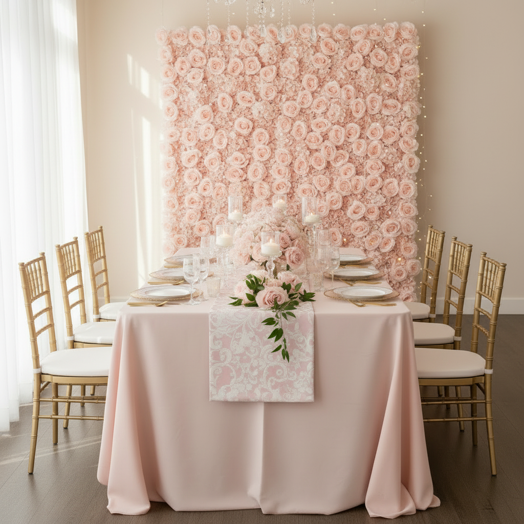 Silk Roses/Hydrangeas Flower Wall Backdrop Panel - Light Pink.