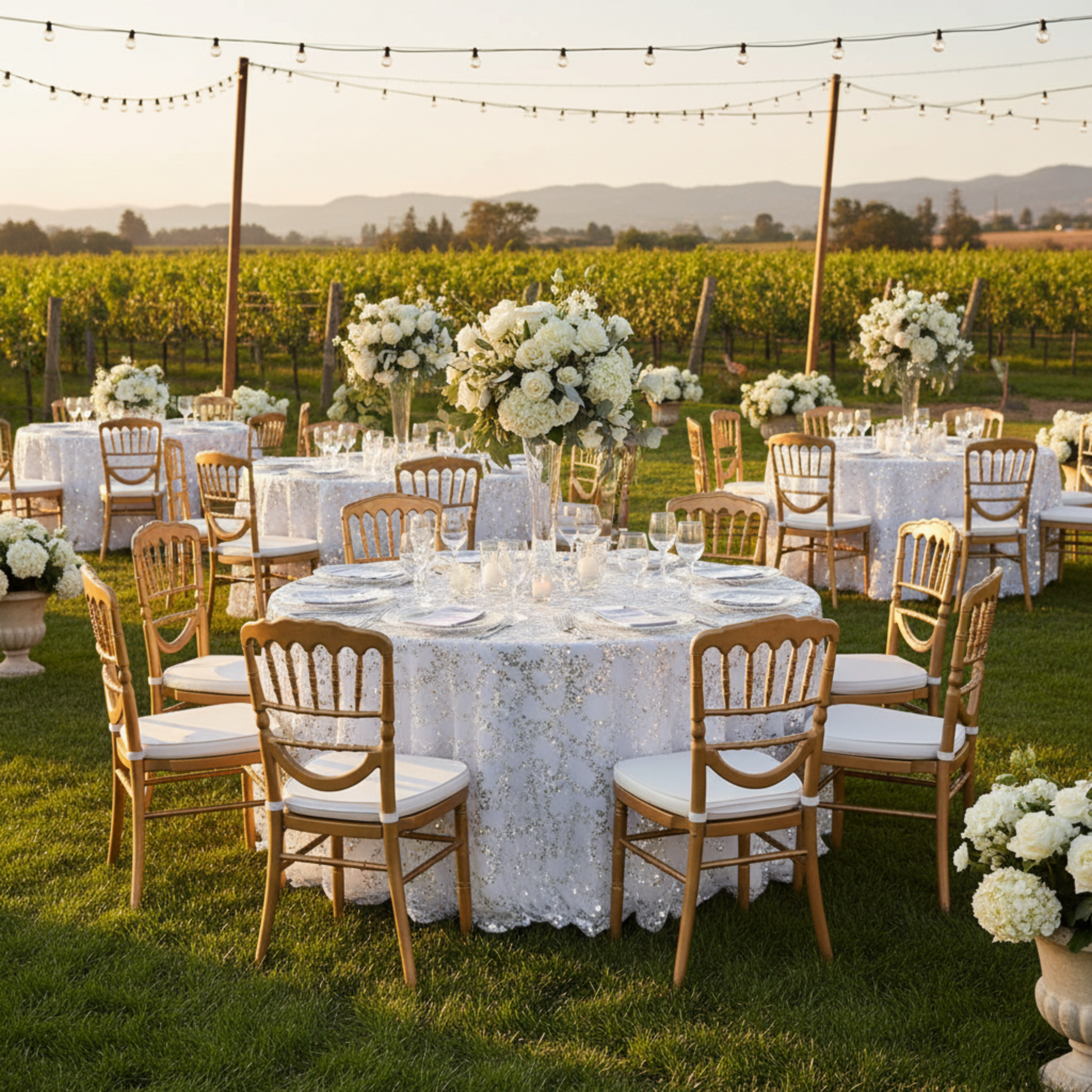 Silver 120 Round Sequin Vine Tablecloth – Outdoor Wedding Reception