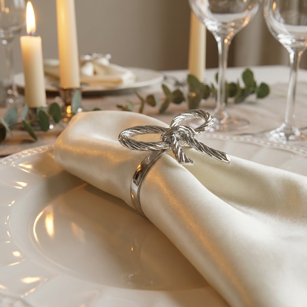 Silver rope bow tie napkin ring styled in lifestyle table setting