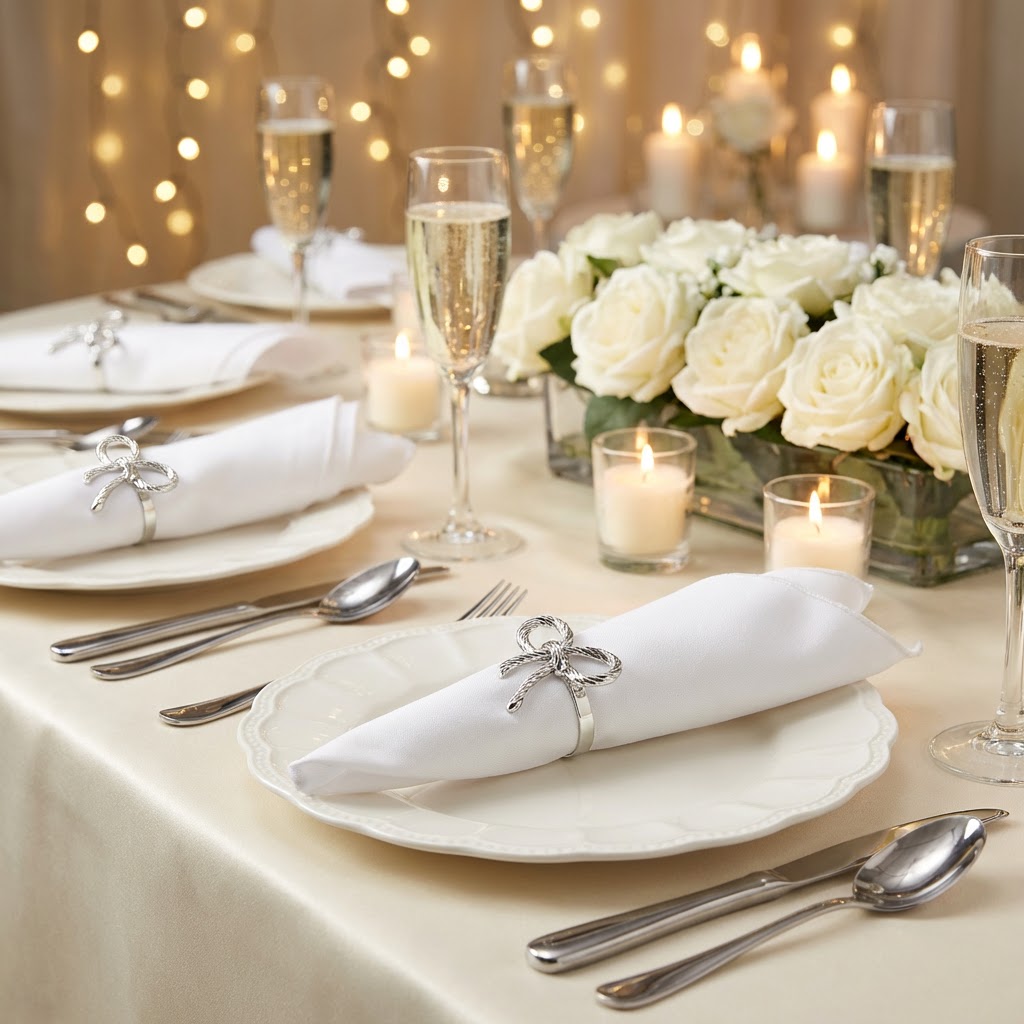 Silver metal rope bow napkin ring displayed in elegant event table decor