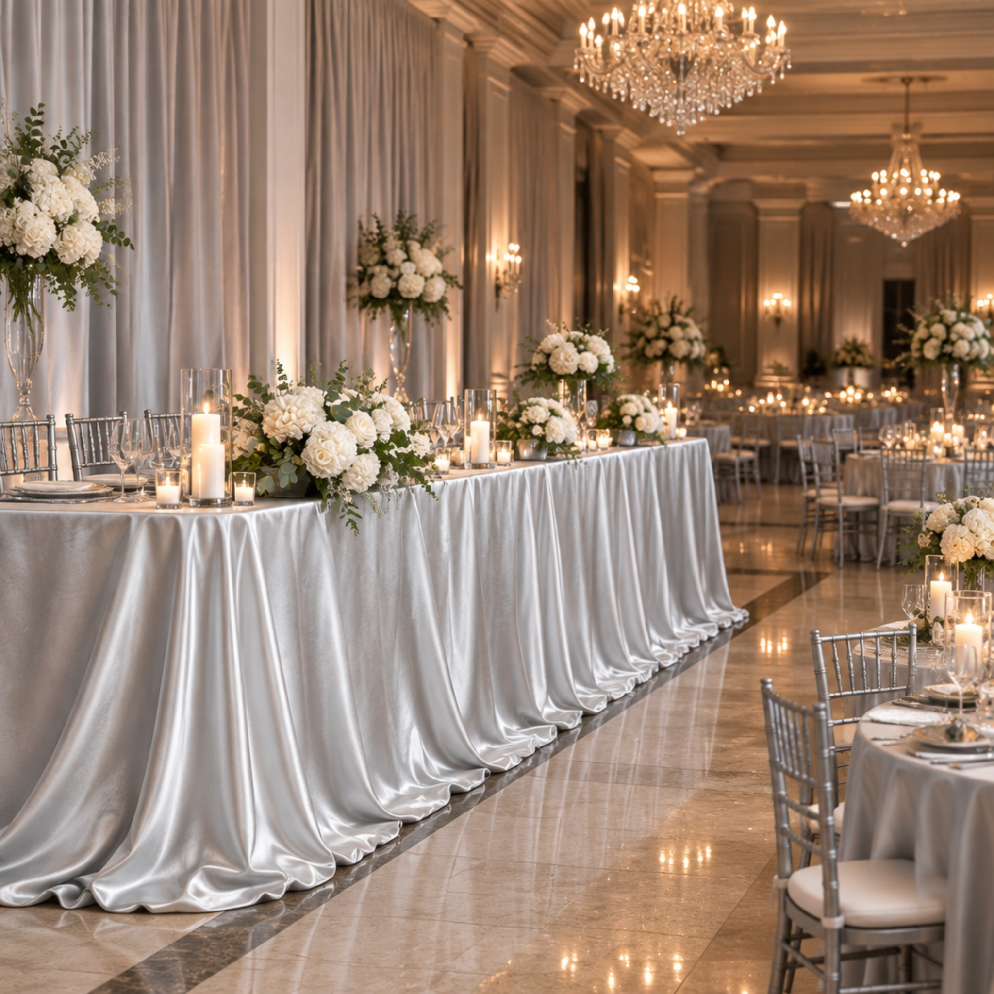 Silver satin table drape at an indoor gala