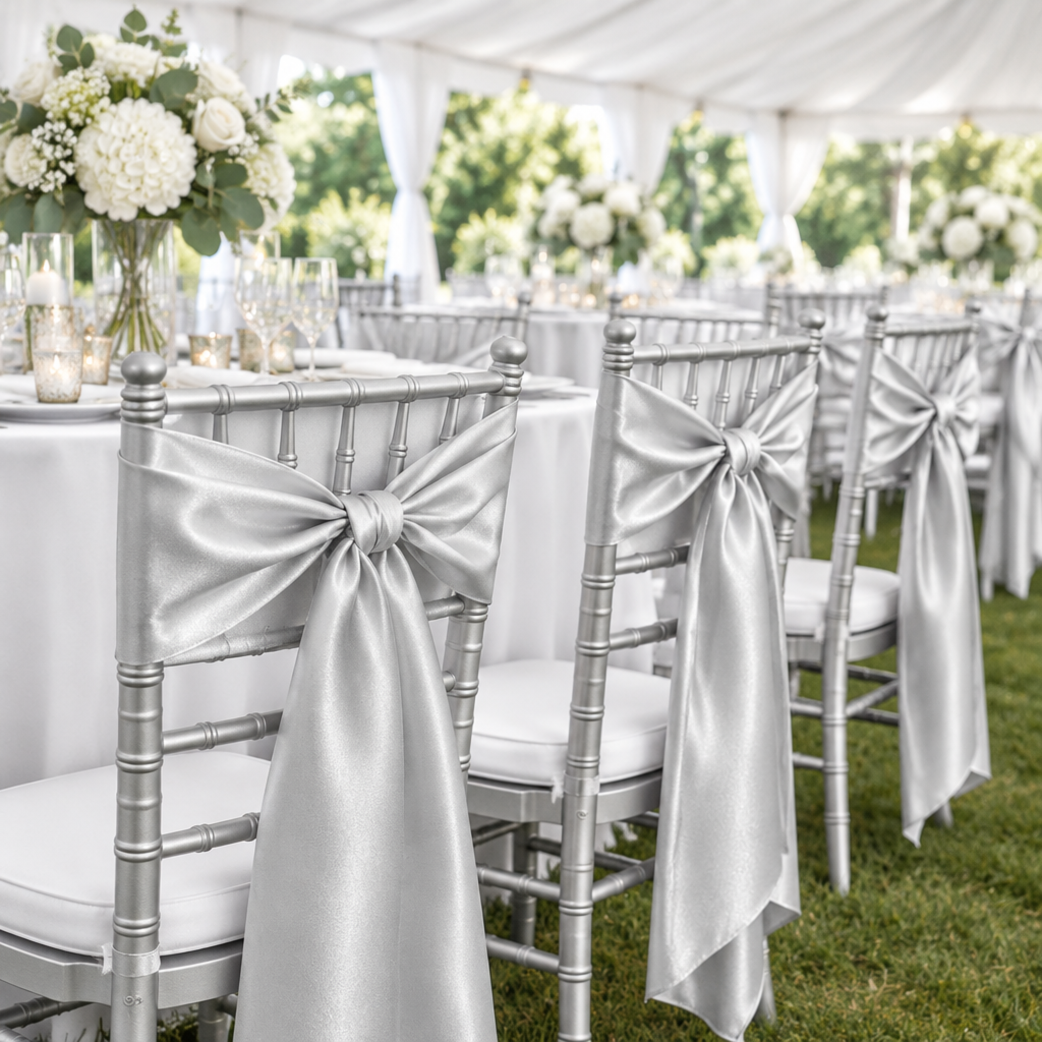 Silver satin chair sashes on chiavari chairs at a tented wedding