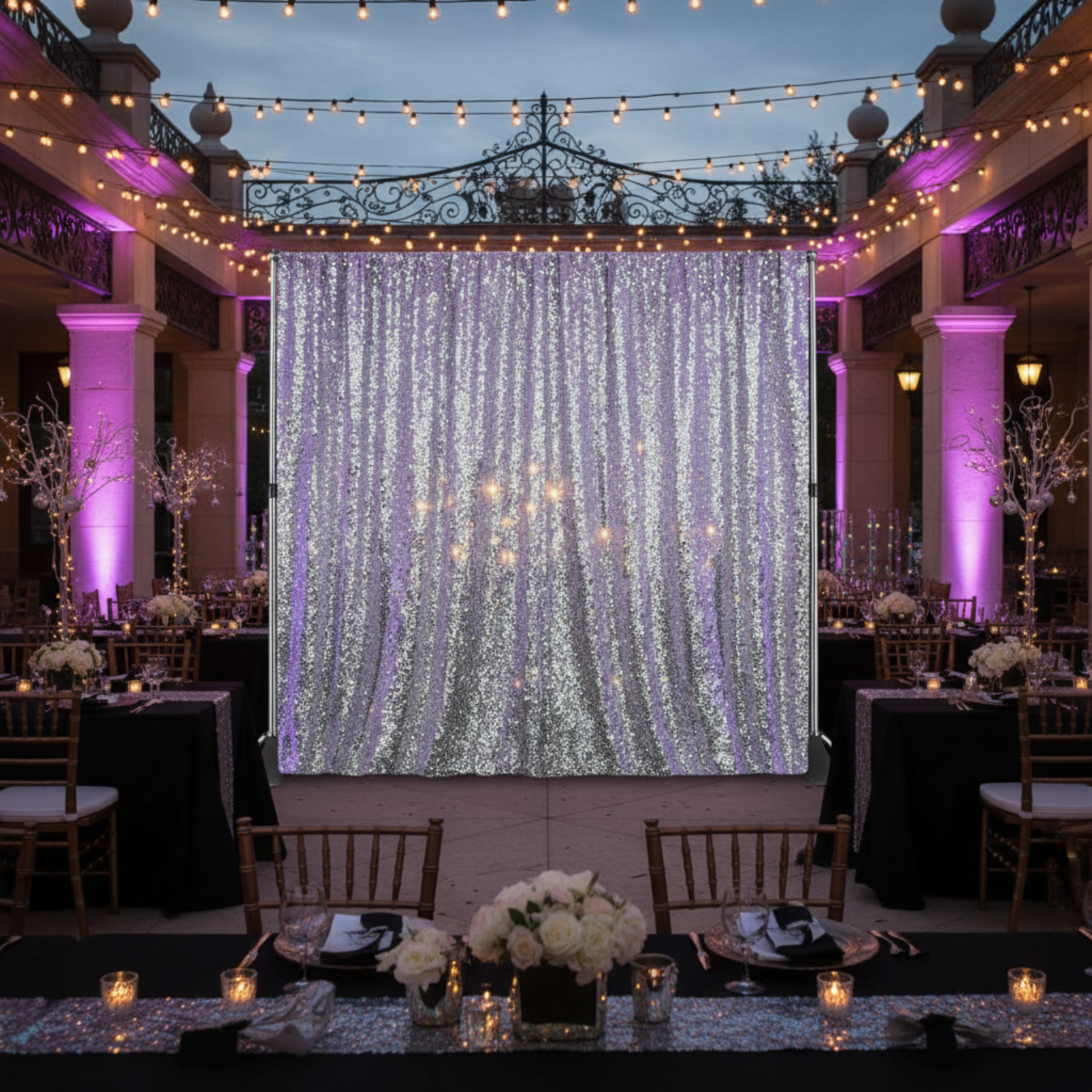 Silver 12ft Sequin Drape at Prom Banquet Hall