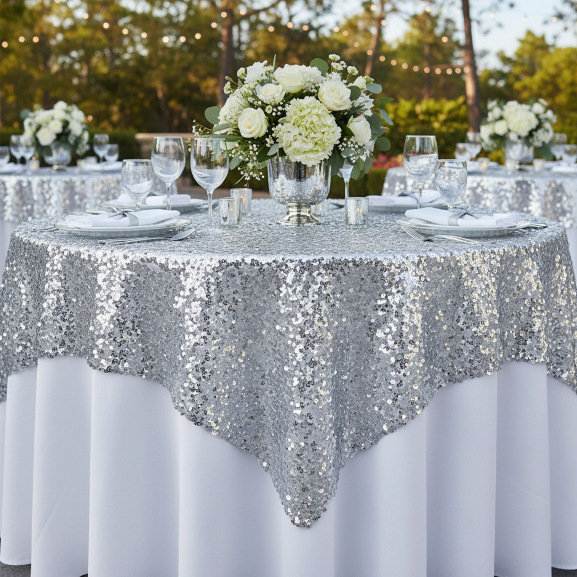90x90 Silver Sequin Overlay- Outdoor Reception