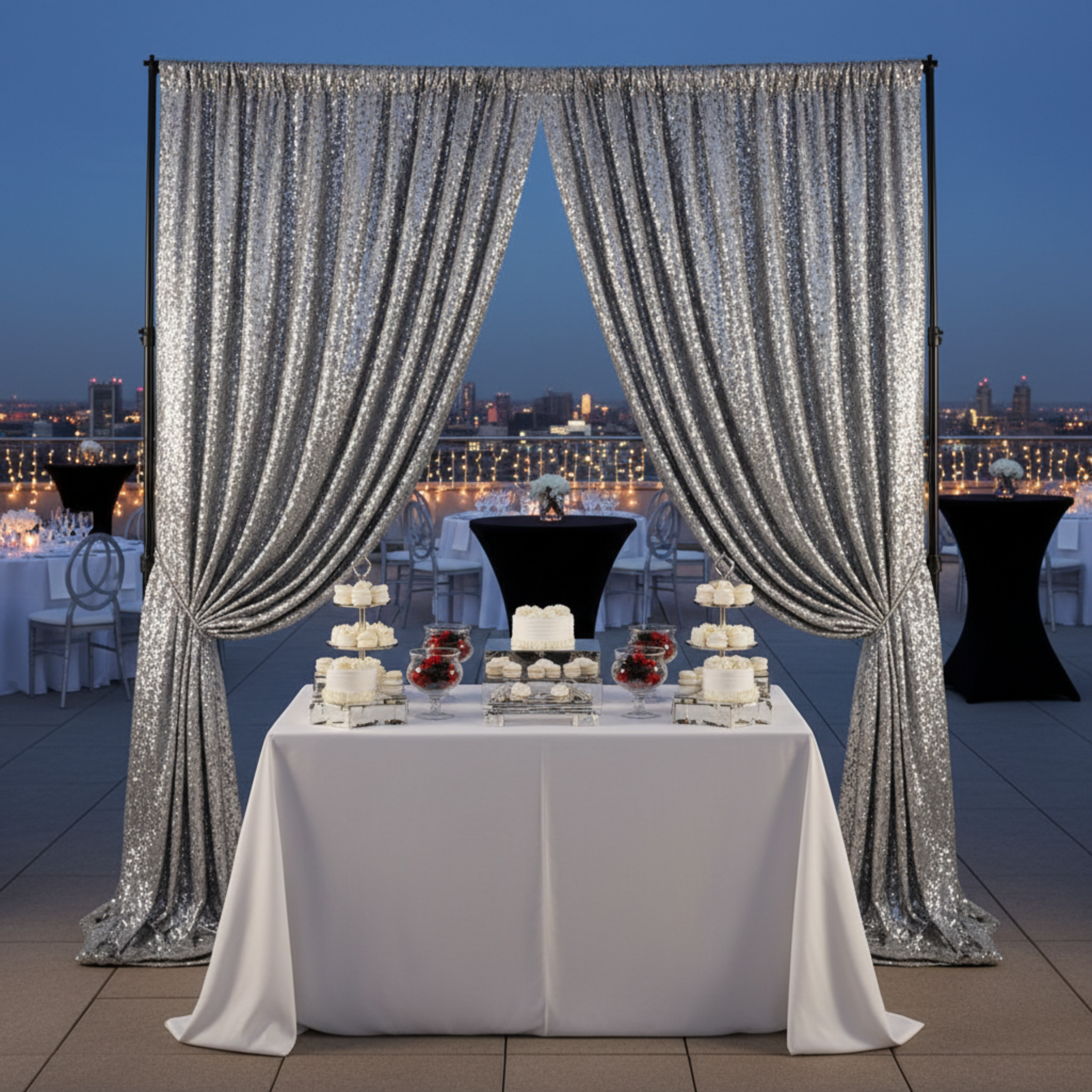 Silver sequin velvet drape at an outdoor rooftop gala