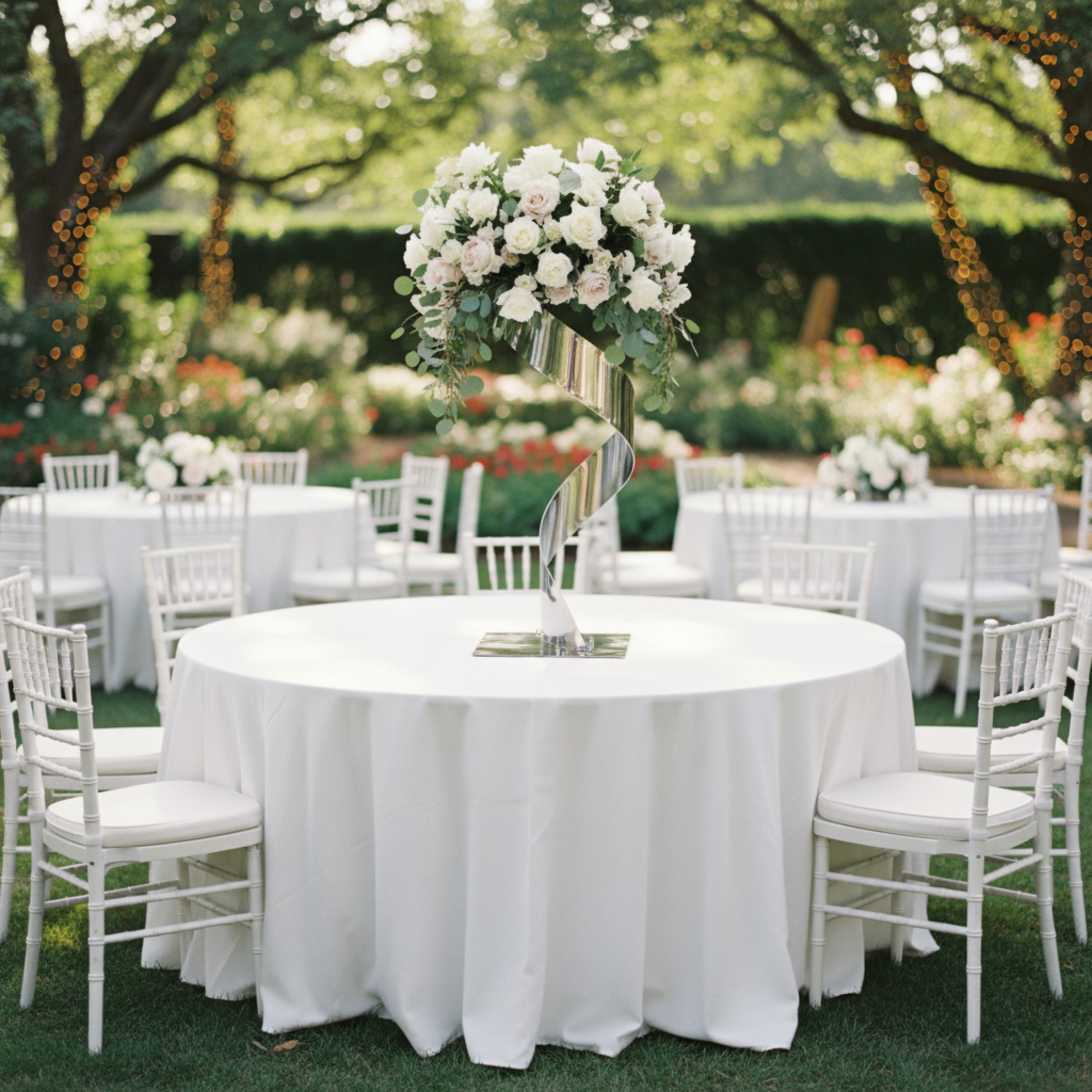 Silver Spiral Ribbon Centerpiece Stand – Outdoor Wedding