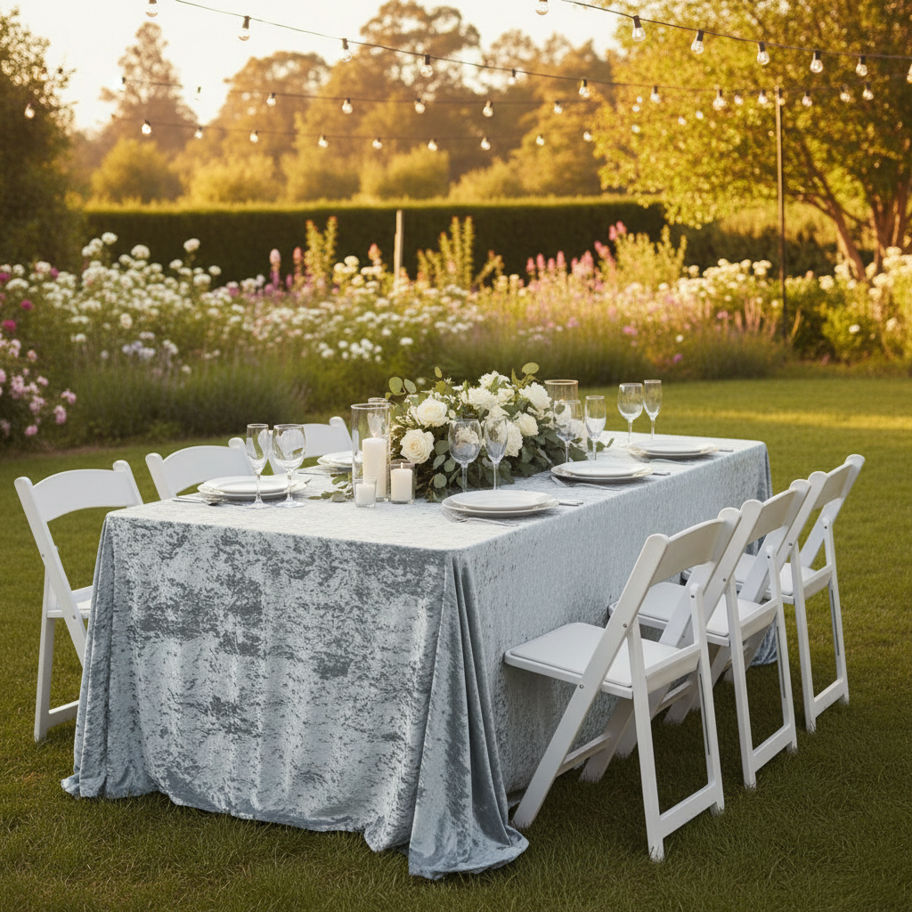 Velvet 90"x156" Rectangular Tablecloth - Dusty Blue in Outdoor Reception.