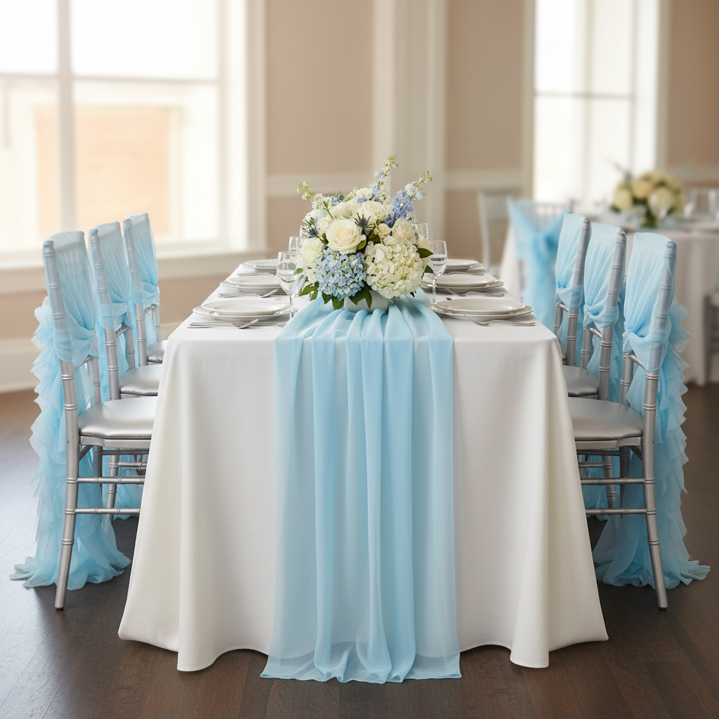 1 Set of Soft Curly Willow Ruffles Chair Sash & Cap - Baby Blue.