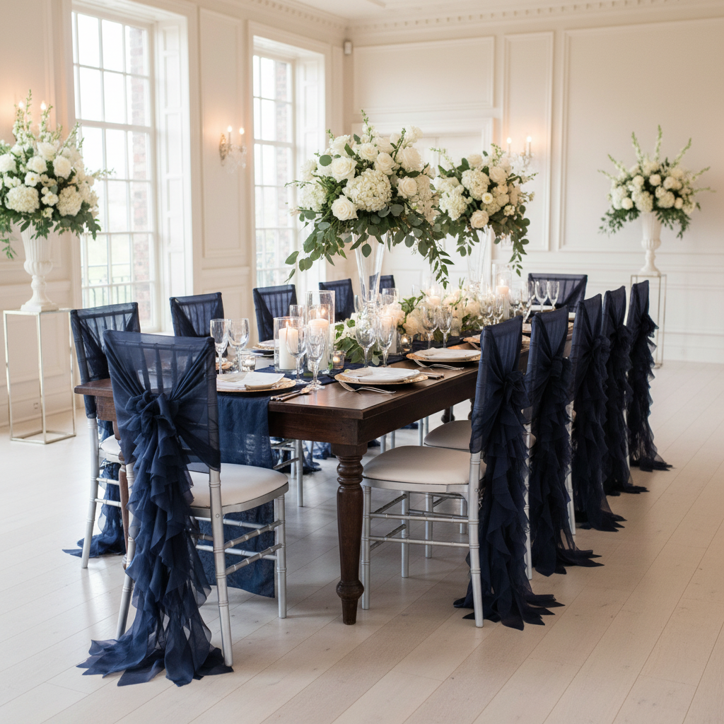 1 Set of Soft Curly Willow Ruffles Chair Sash & Cap - Navy Blue.