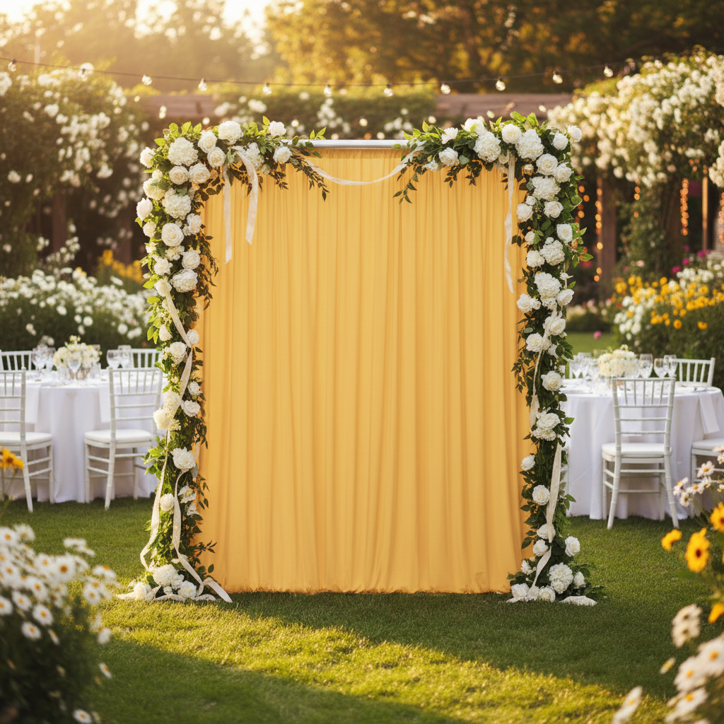 Spandex 4-way Stretch Drape Curtain 10ft H x 60" W - Canary Yellow in Summer Garden Wedding Reception.