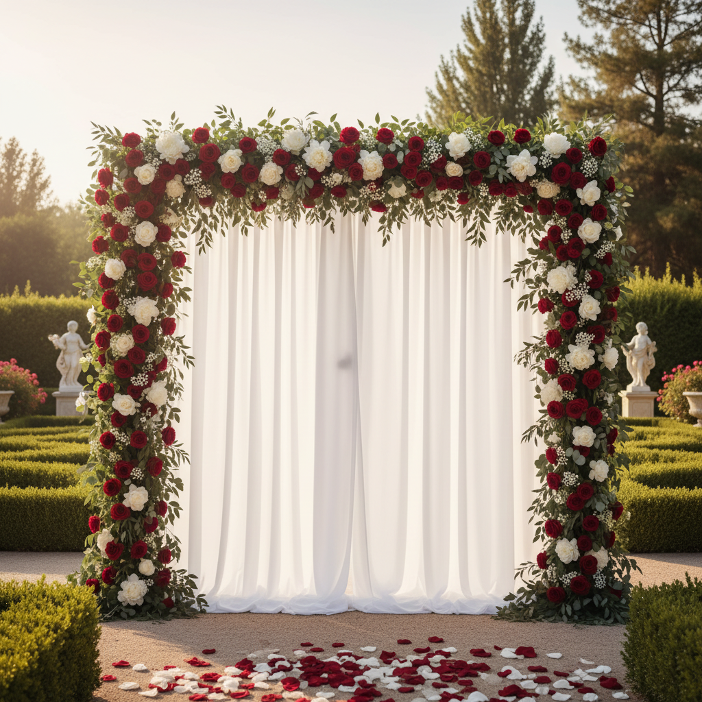 Spandex 4-way Stretch Drape Curtain 14ft H x 60" W - White with Rose Bushes.
