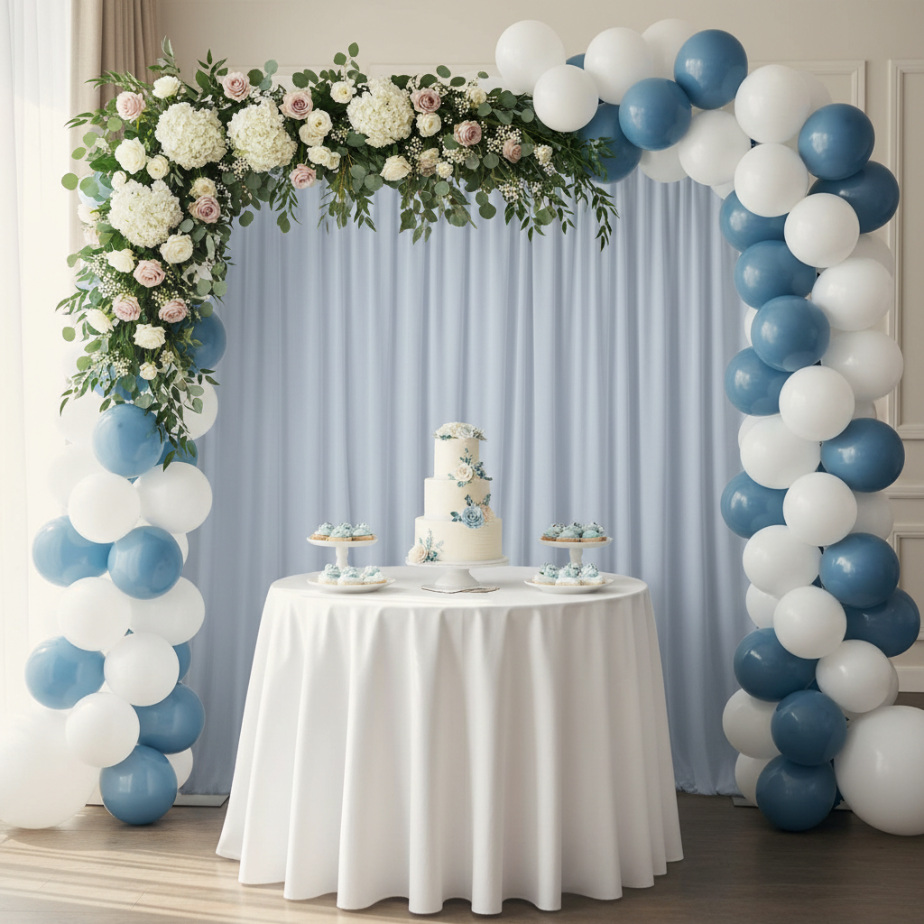 Spandex 4-way Stretch Drape Curtain 10ft H x 60" W - Dusty Blue with Baby Shower Reception.
