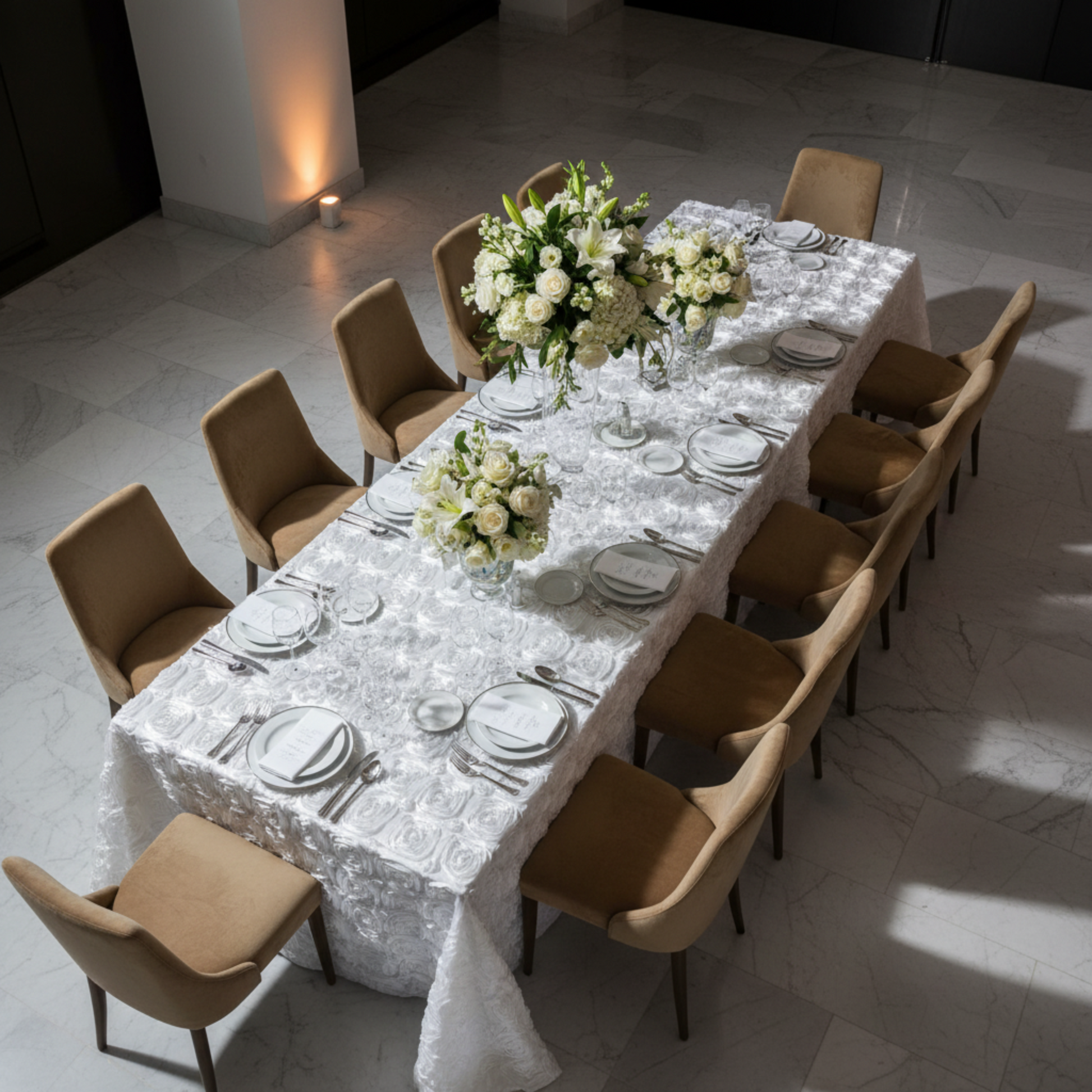Special Occasion White Wedding Rosette Satin 90x132 Rectangular Tablecloth