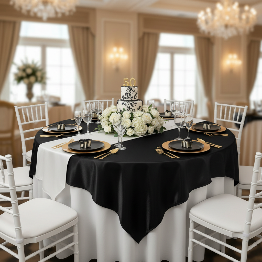 Square 72" Satin Table Overlay - Black.