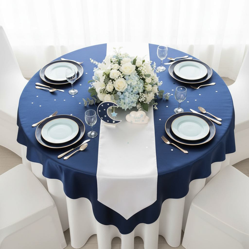 Square 72" Satin Table Overlay - Navy Blue.