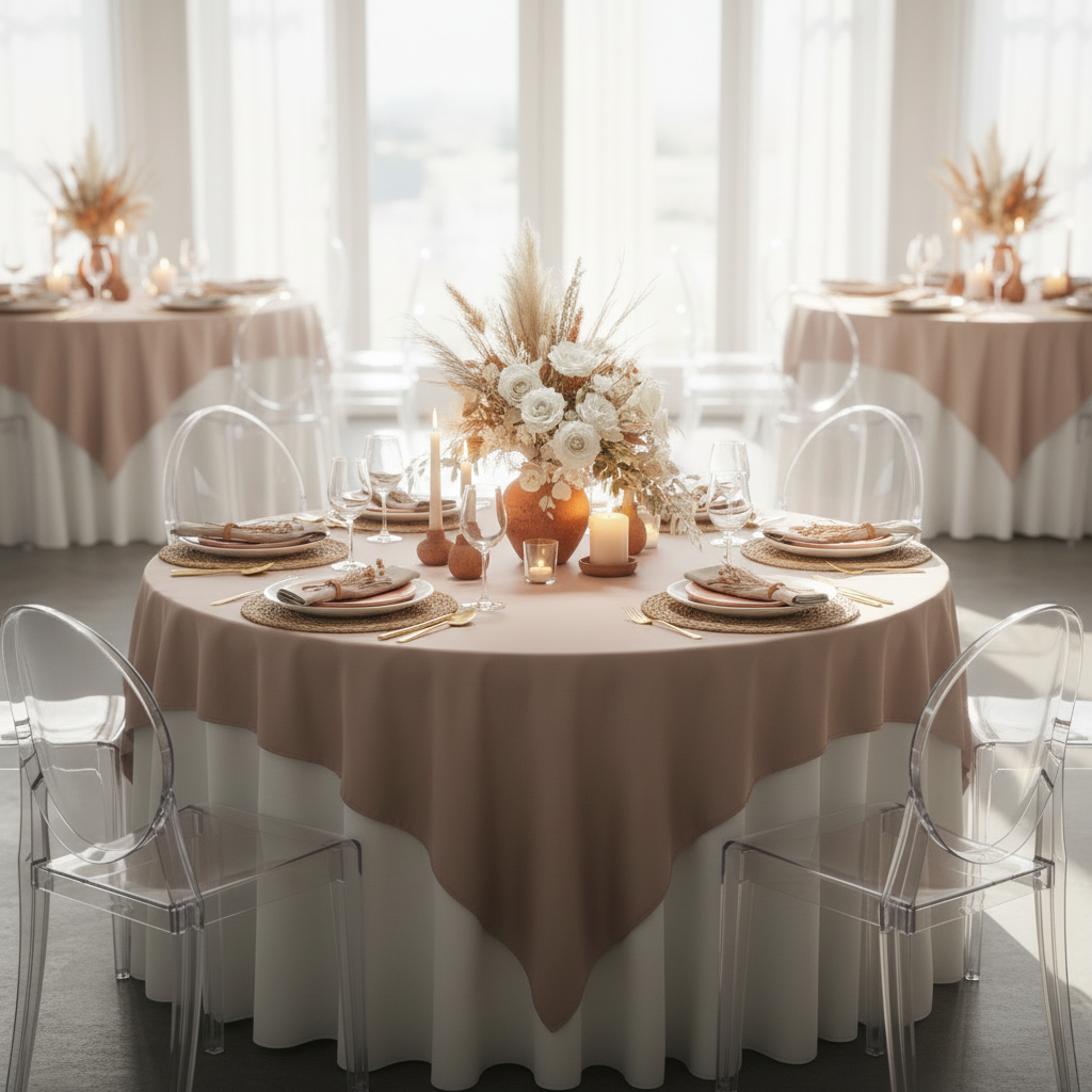 Square 90"x90" Lamour Satin Table Overlay - Taupe Bright Setting Mockup