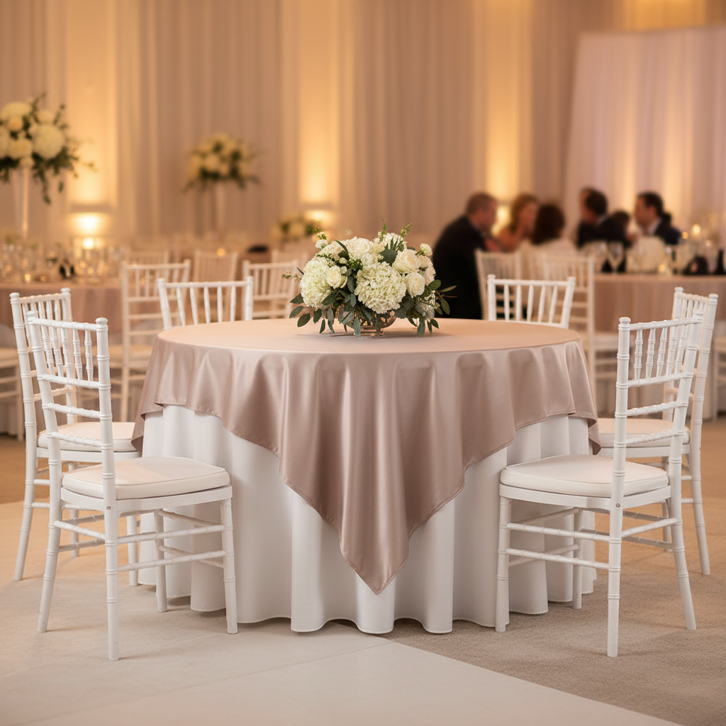 Square 90"x90" Lamour Satin Table Overlay - Taupe with Chairs Mockup